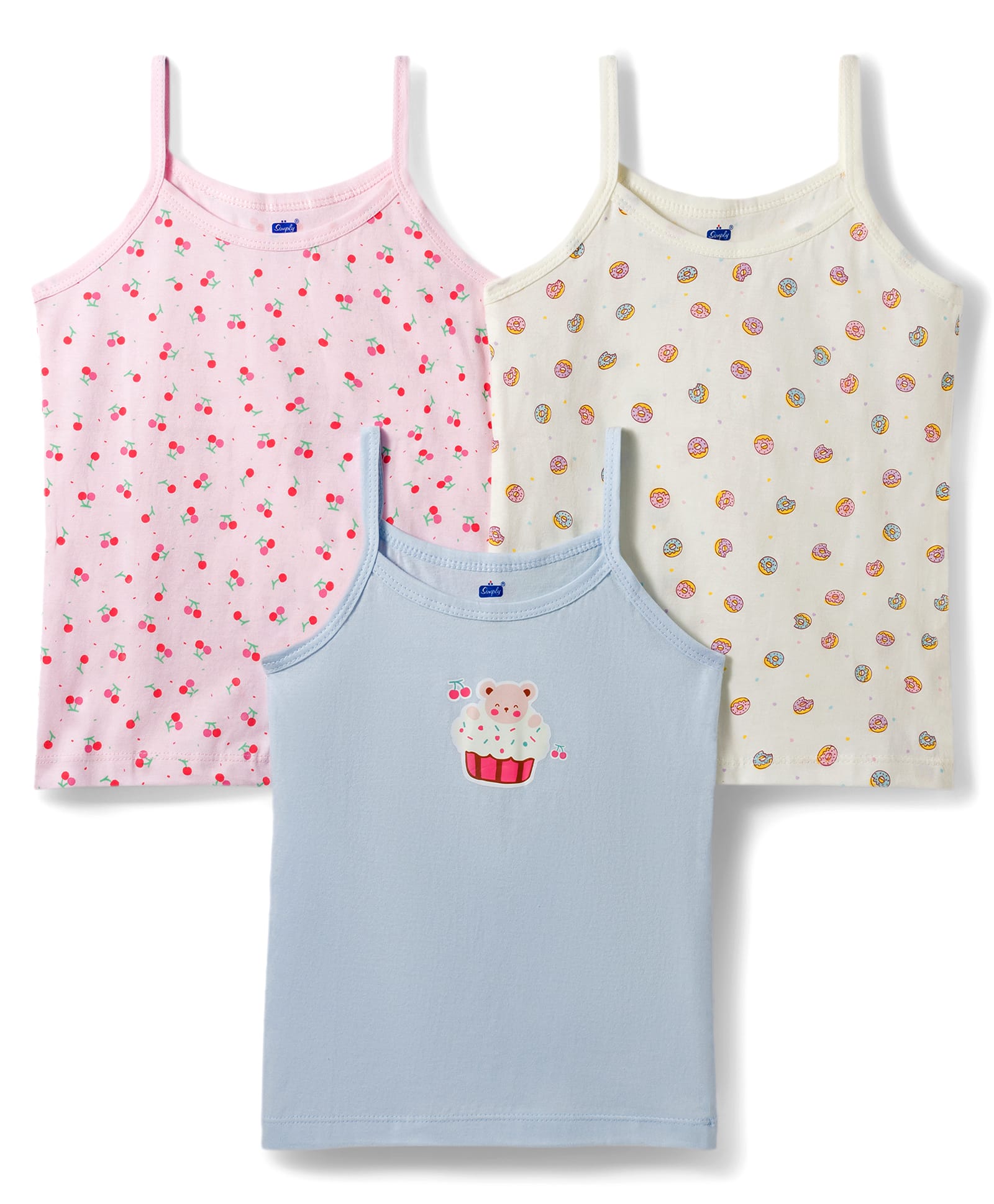 Simply Sinker Knit Sleeveless Slips With Cherry Print Pack Of 3 - Off White Pink & Light Blue-picture-15