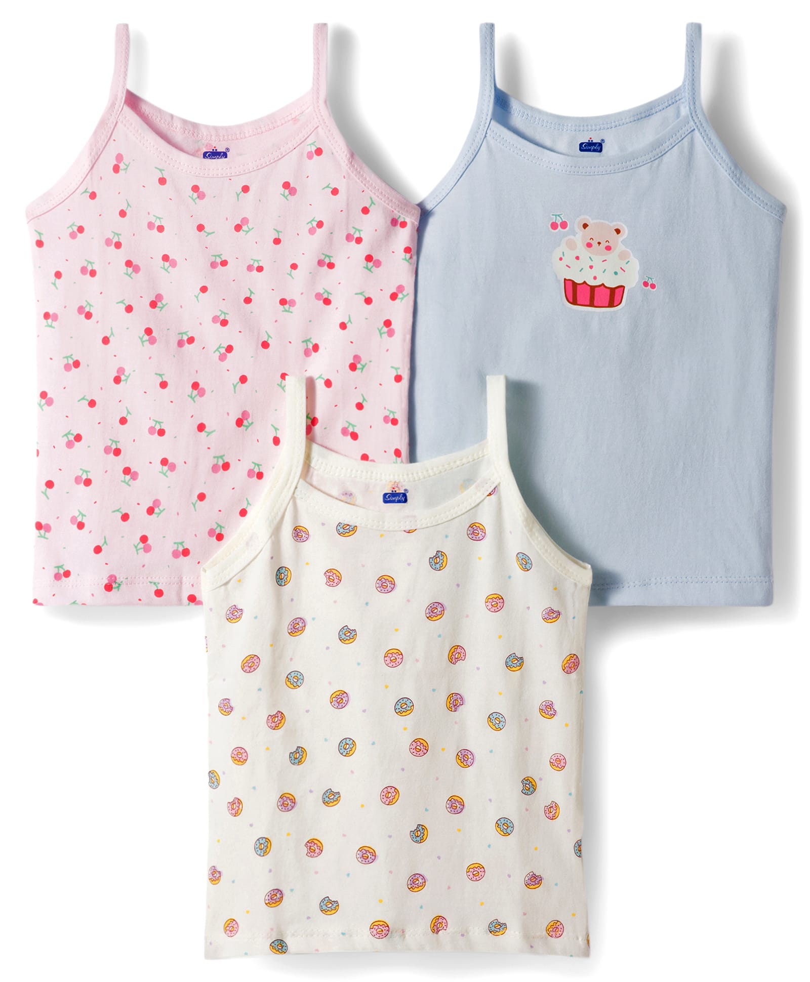Simply Sinker Knit Sleeveless Slips With Cherry Print Pack Of 3 - Off White Pink & Light Blue-image-38