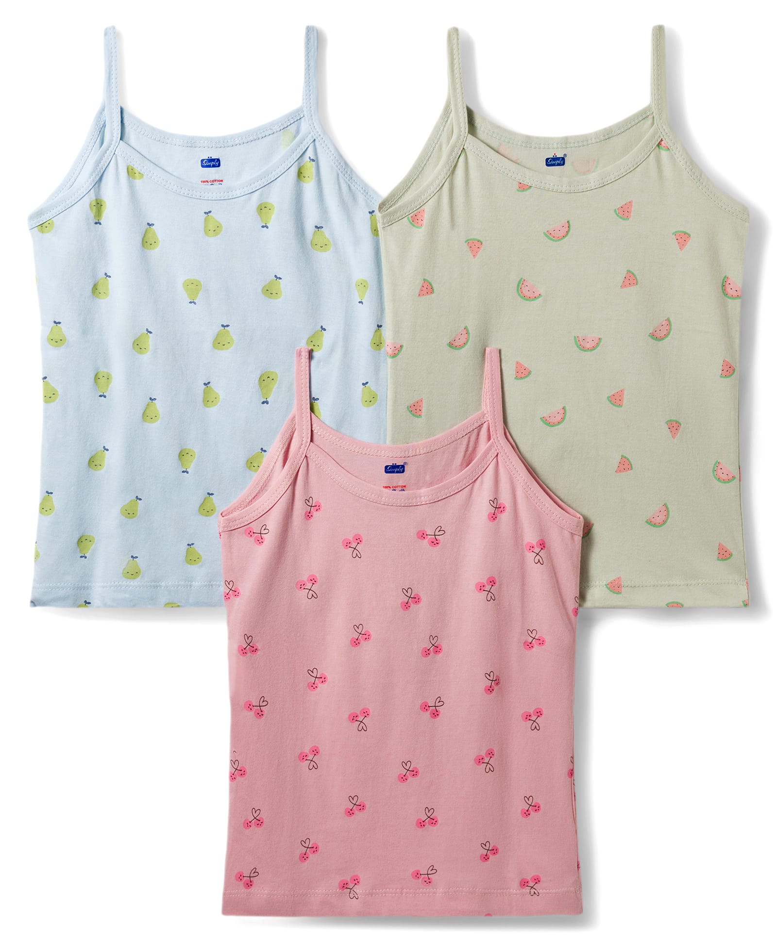 Simply Sinker Knit Sleeveless Slips With Fruits Print Pack Of 3 - Pink Light Blue & Mint-image-32