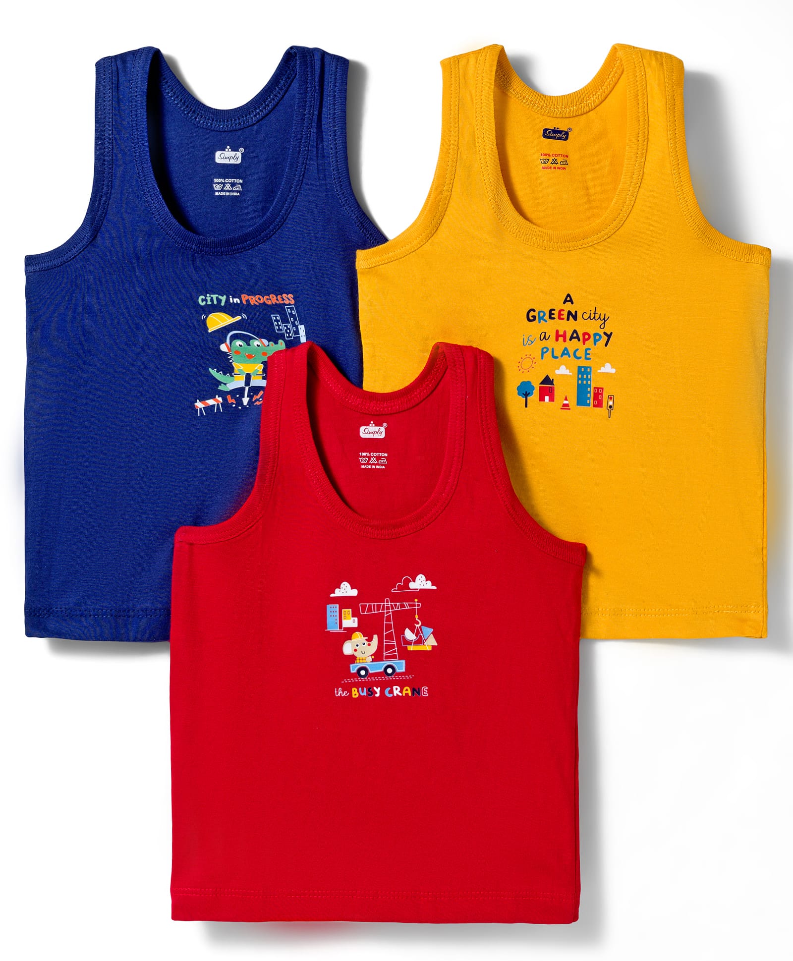 Simply Sinker Knit Sleeveless Vests With Vehicle Print Pack of 3 - Navy Blue Red & Yellow-image-28