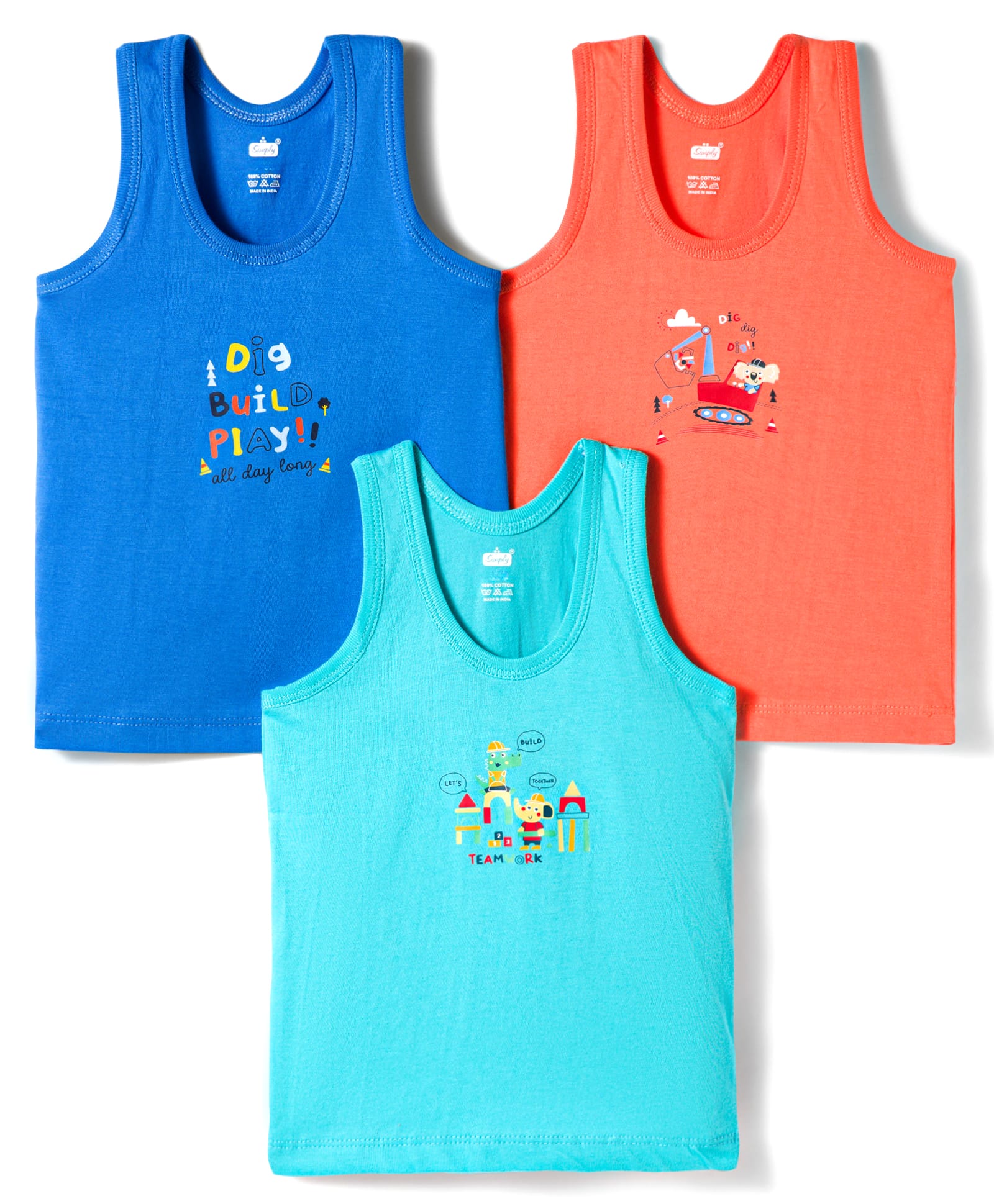 Simply Sinker Knit Sleeveless Vests With Vehicle Print Pack Of 3 - Blue Coral & Aqua-image-49