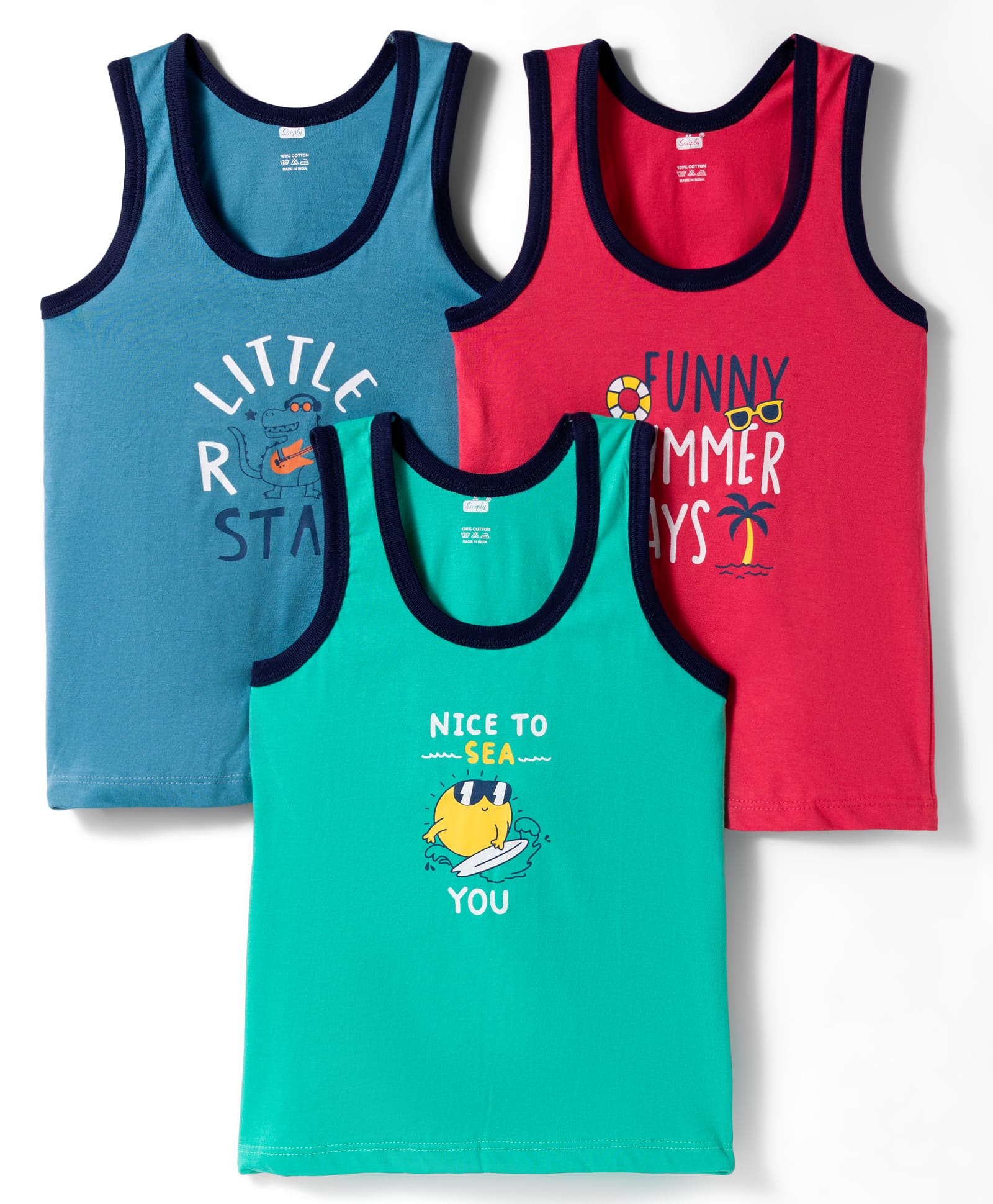 Simply Sinker Knit Sleeveless Vests With Text Print Pack Of 3 - Teal Blue Red & Blue-picture-20