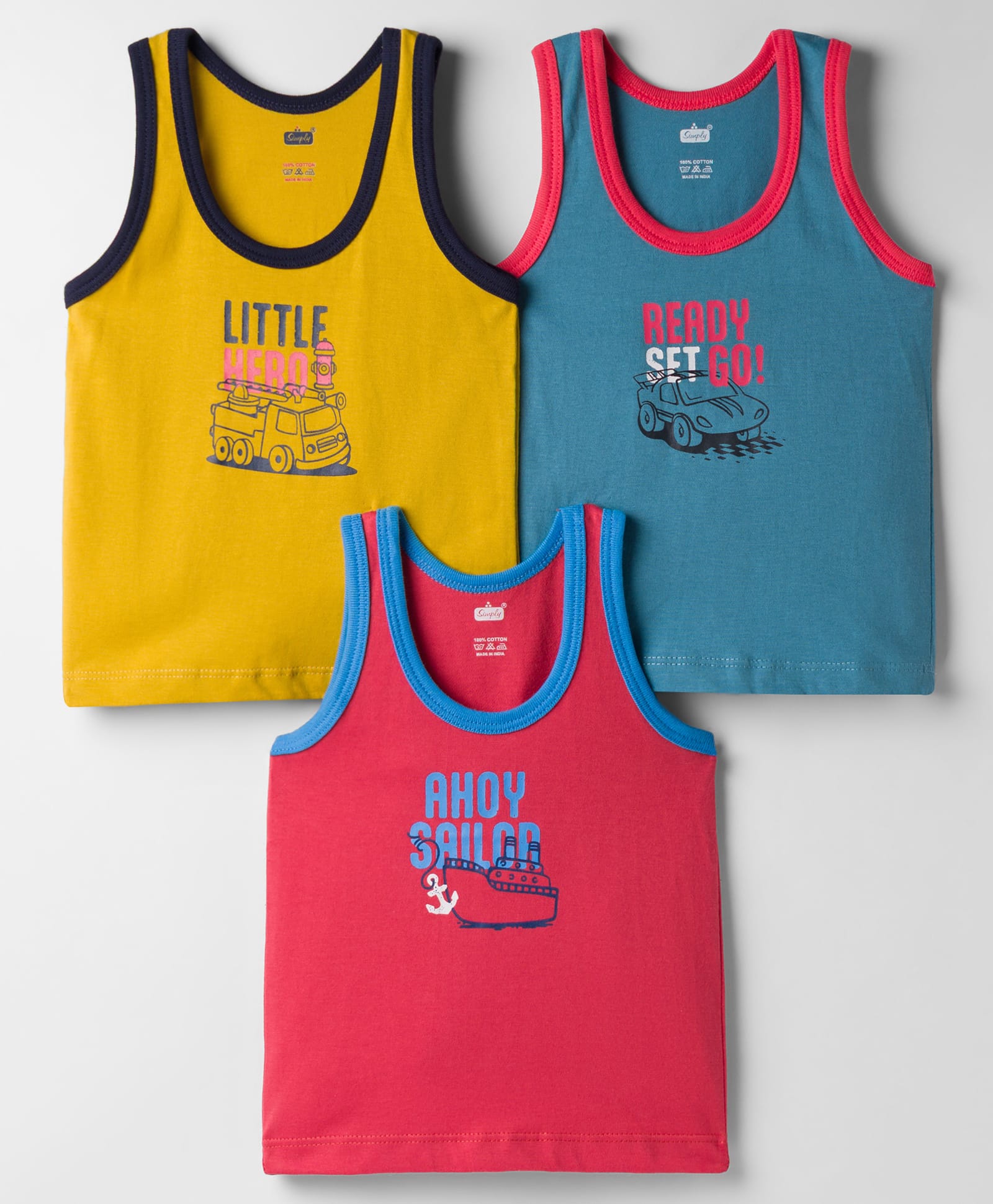Simply Sinker Knit Sleeveless Vests With Text Print Pack OF 3 - Mustard Teal Blue & Red-image-26