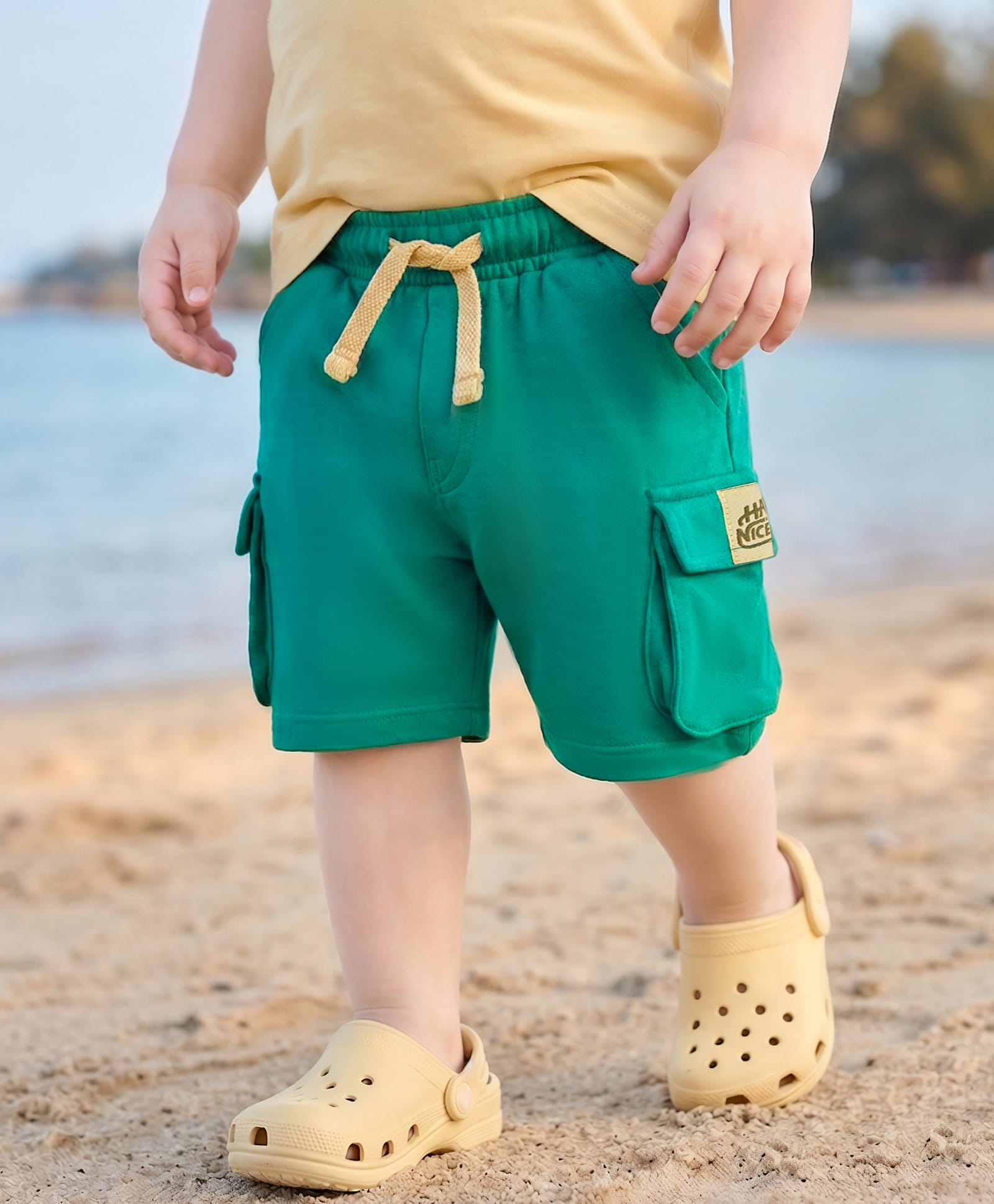 Babyoye 100% Cotton Knit Shorts With Text Badge - Green-image-18