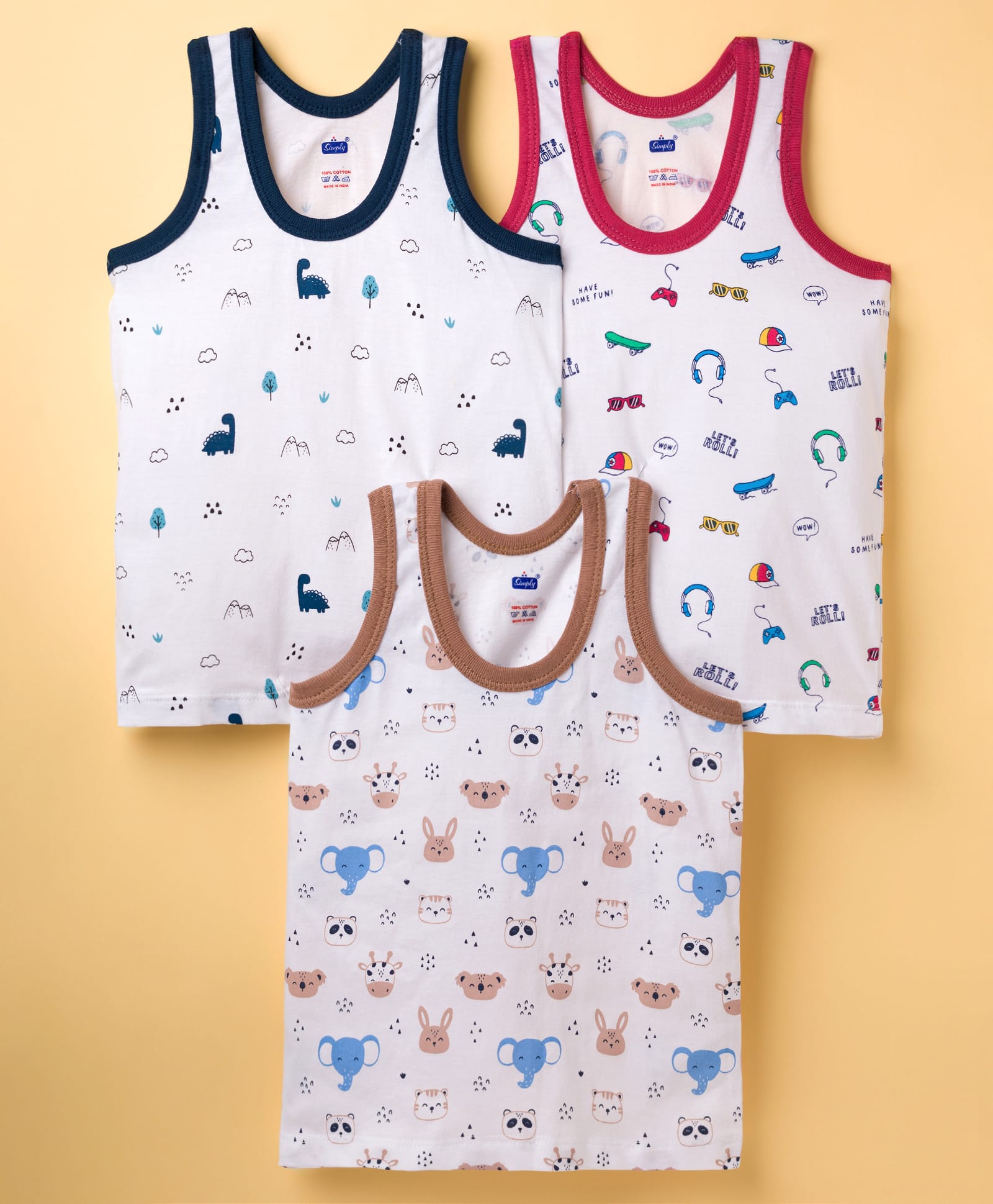 Simply Sinker Knit Sleeveless Vests With Animal Print Pack Of 3 - White-picture-17