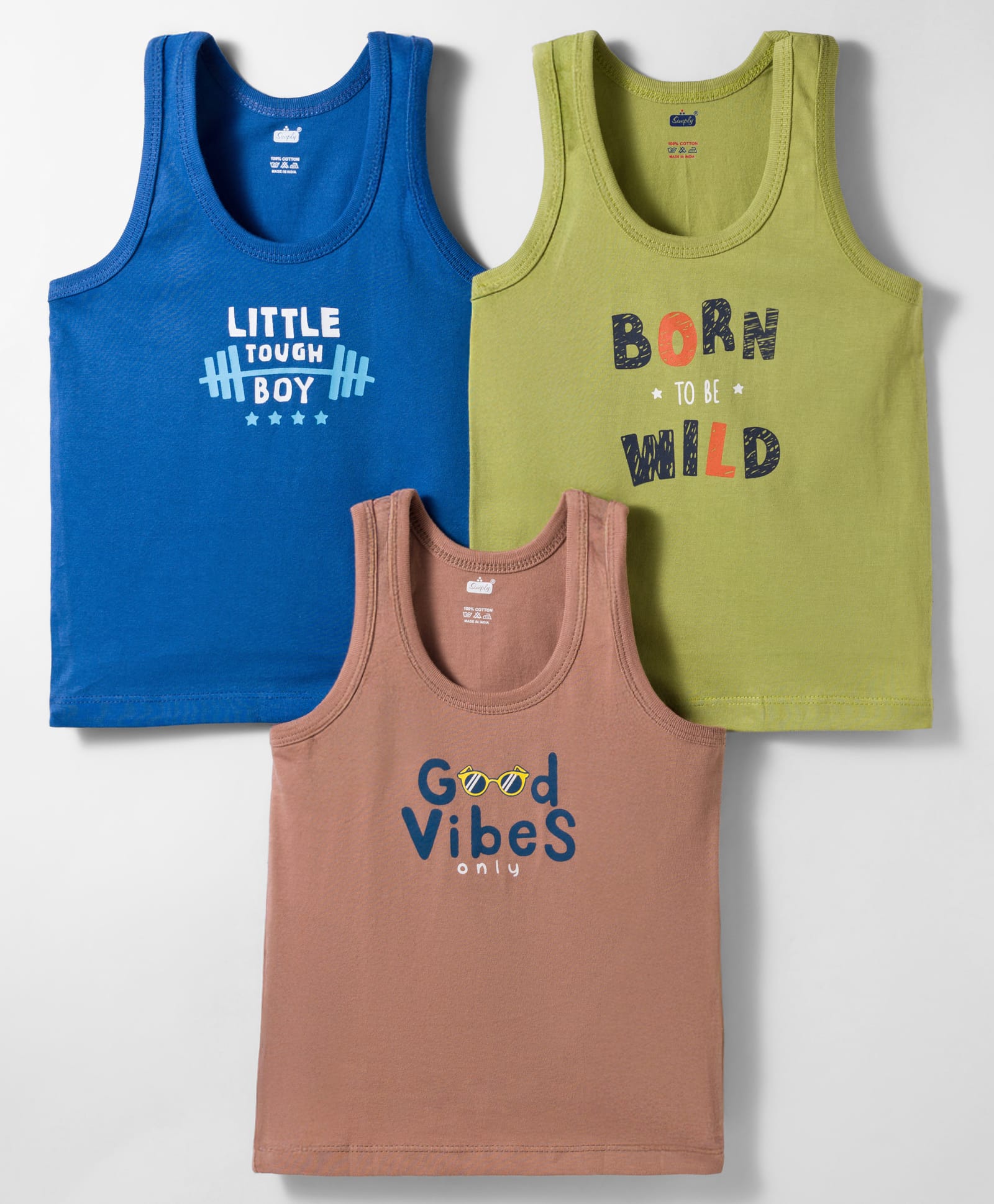 Simply Sinker Knit Sleeveless Vests With Text Print Pack Of 3 - Navy Blue Brown & Green-picture-33