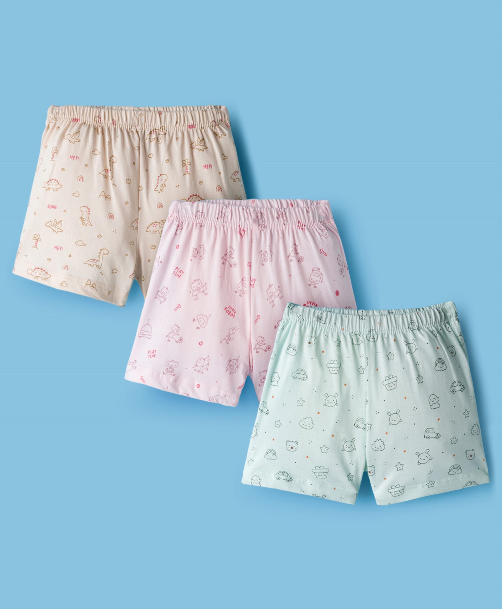 Simply Sinker Knit Shorts With Dino Print Pack Of 3 - Pink Beige & Mint-image-4