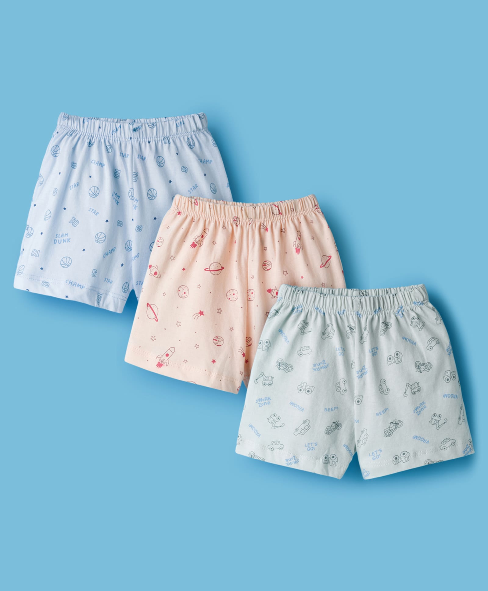 Simply Sinker Knit Shorts With Vehicle Print Pack Of 3 - Peach Grey & Light Blue-image-32