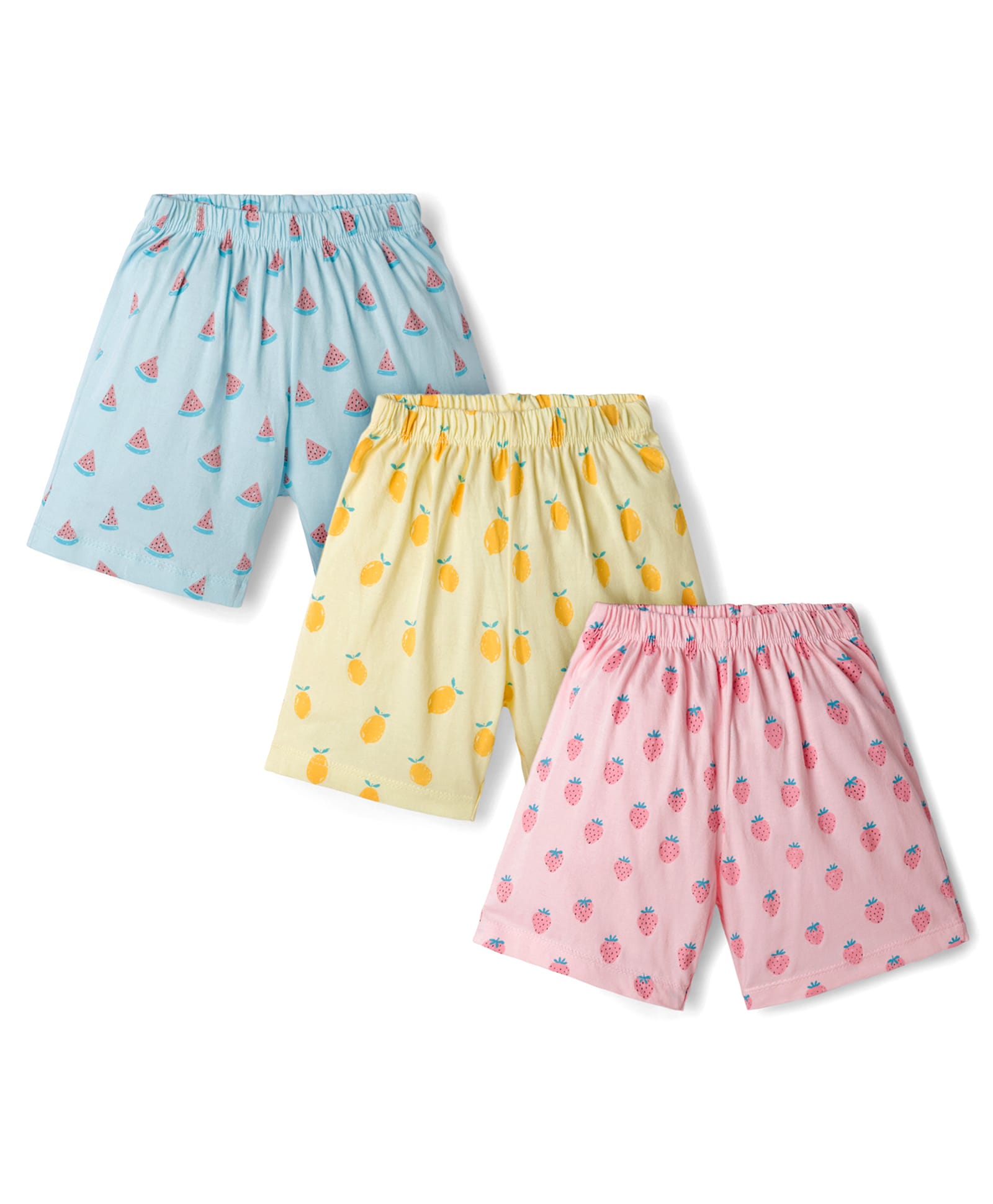 Simply Sinker Knit Shorts With Fruits Print Pack Of 3 - Yellow Light Blue & Pink-image-16