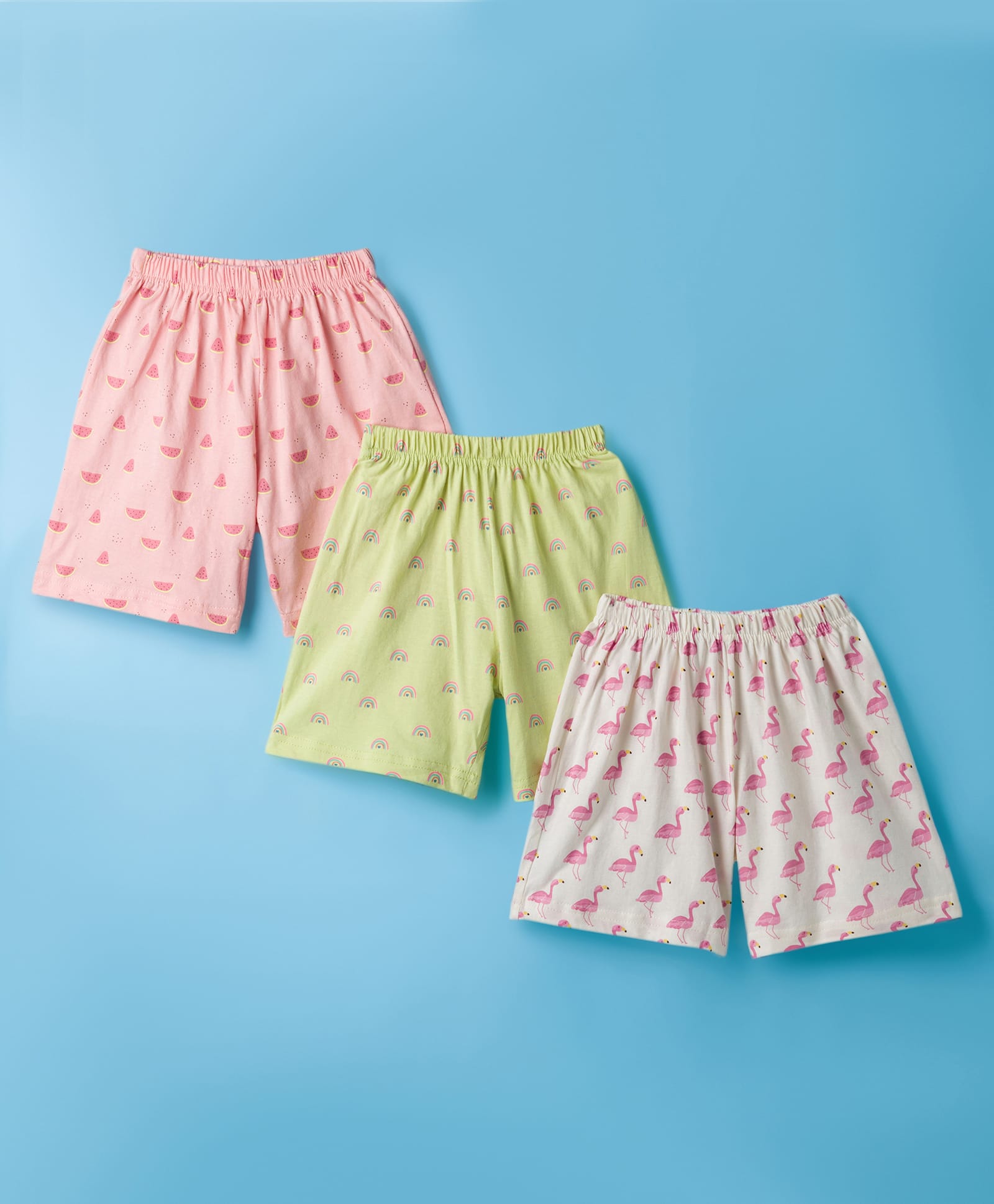 Simply Sinker Knit Shorts With Fruits Print Pack Of 3 - Lime Green White & Pink-image-44