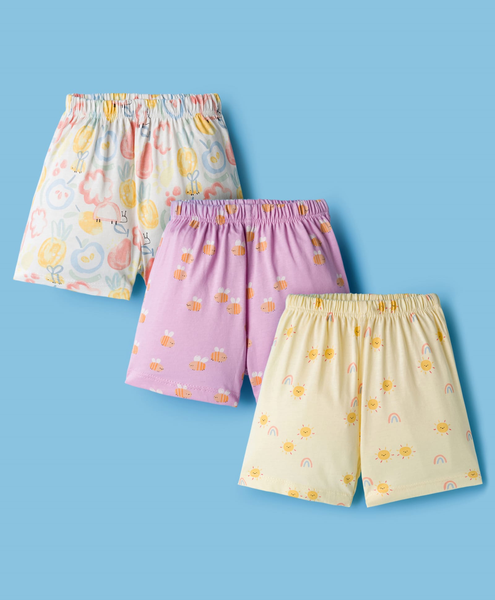 Simply Sinker Knit Shorts With Bee Print Pack Of 3 - Purple Yellow & White