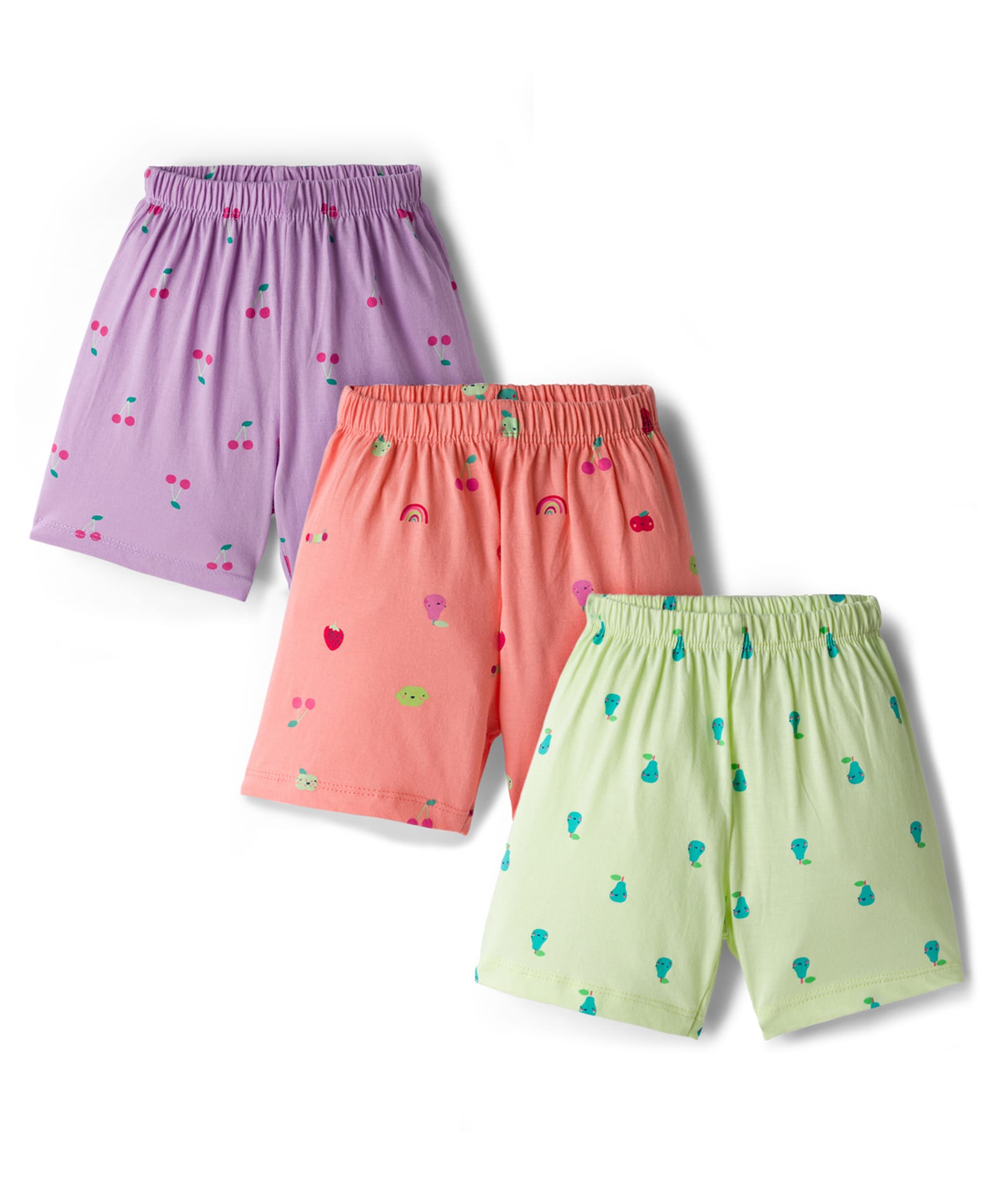 Simply Sinker Knit Shorts With Cherry Print Pack Of 3 - Lilac Olive Green & Coral-image-44