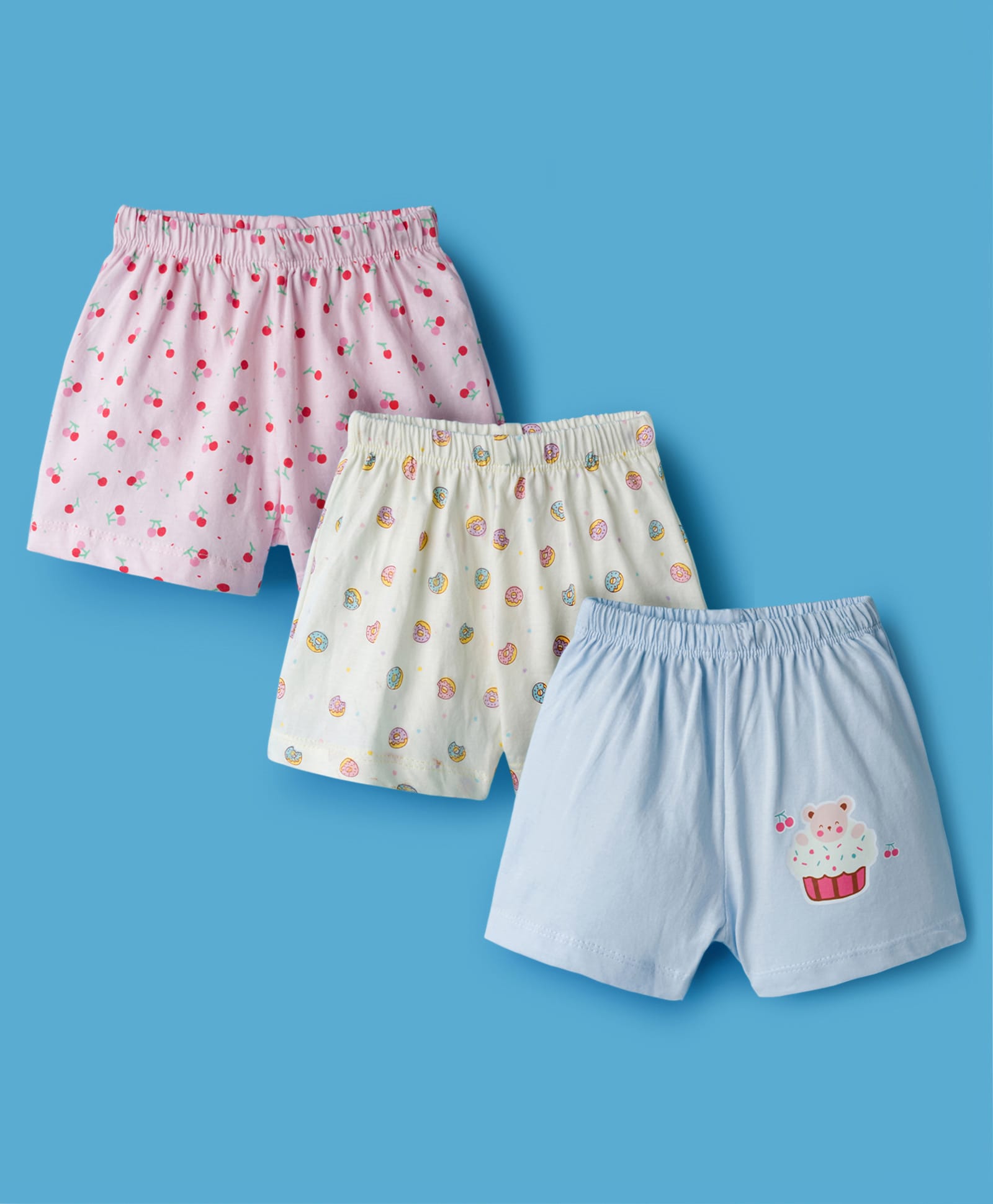 Simply Sinker Knit Shorts With Cherry Print Pack Of 3 - Light Blue Cream & Pink-picture-24