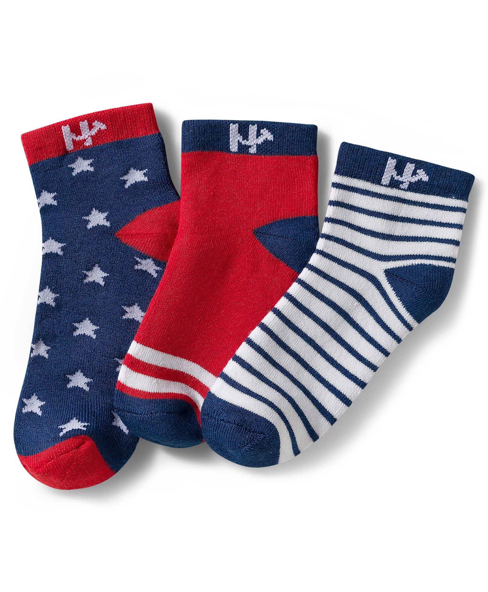 Honeyhap Premium Cotton Bamboo Spandex Knit Ankle Length Striped Socks with Bio Finish & Star Design Pack of 3 - High Risk Red Navy Peony & White