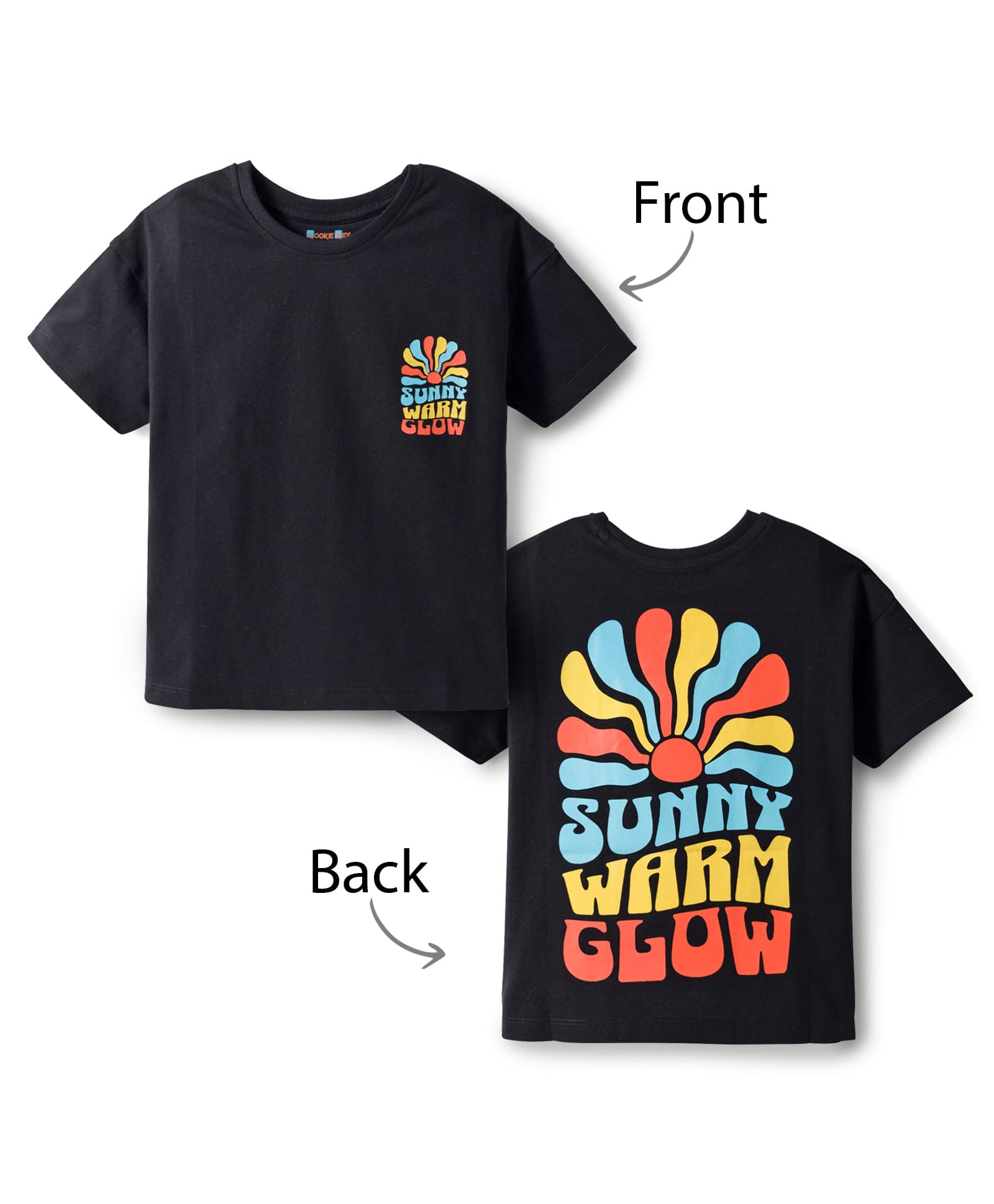 Kookie Kids Single Jersey Knit Drop Shoulder Half Sleeves T-Shirt with Sunny Warm Glow Front & Back Print - Black-image-15