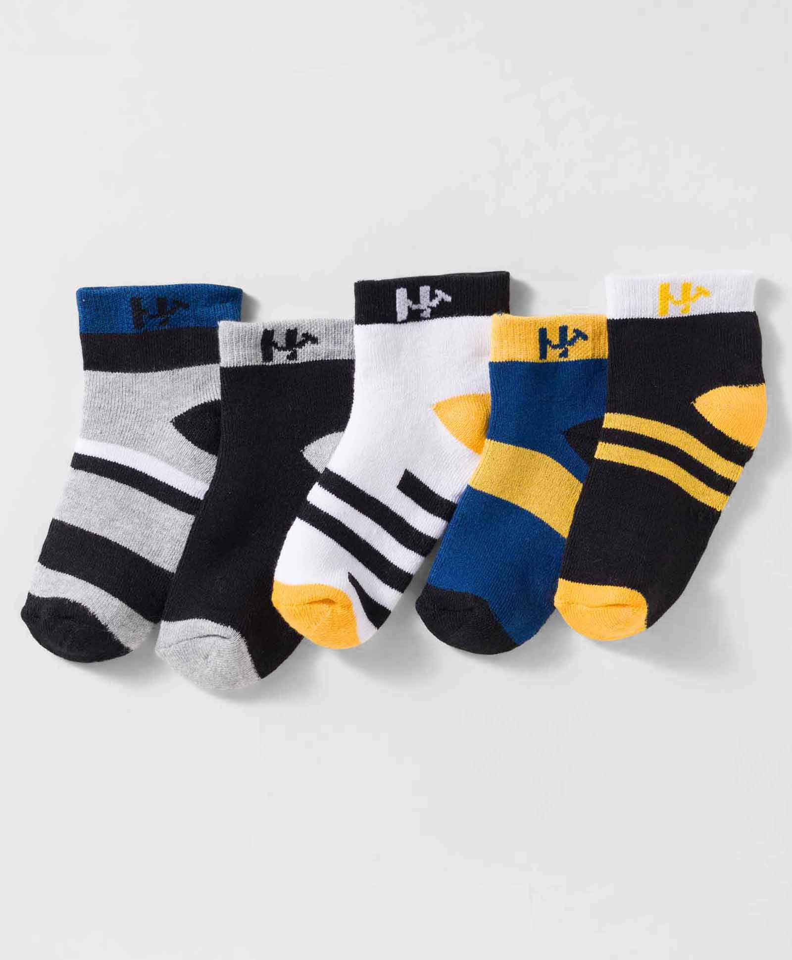 Honeyhap Premium Cotton Blend Cotton Bamboo Spandex Striped Socks with Bio Finish Pack of 5 - Black Beauty Bright White Grey Melange Banana & Limoges-image-25