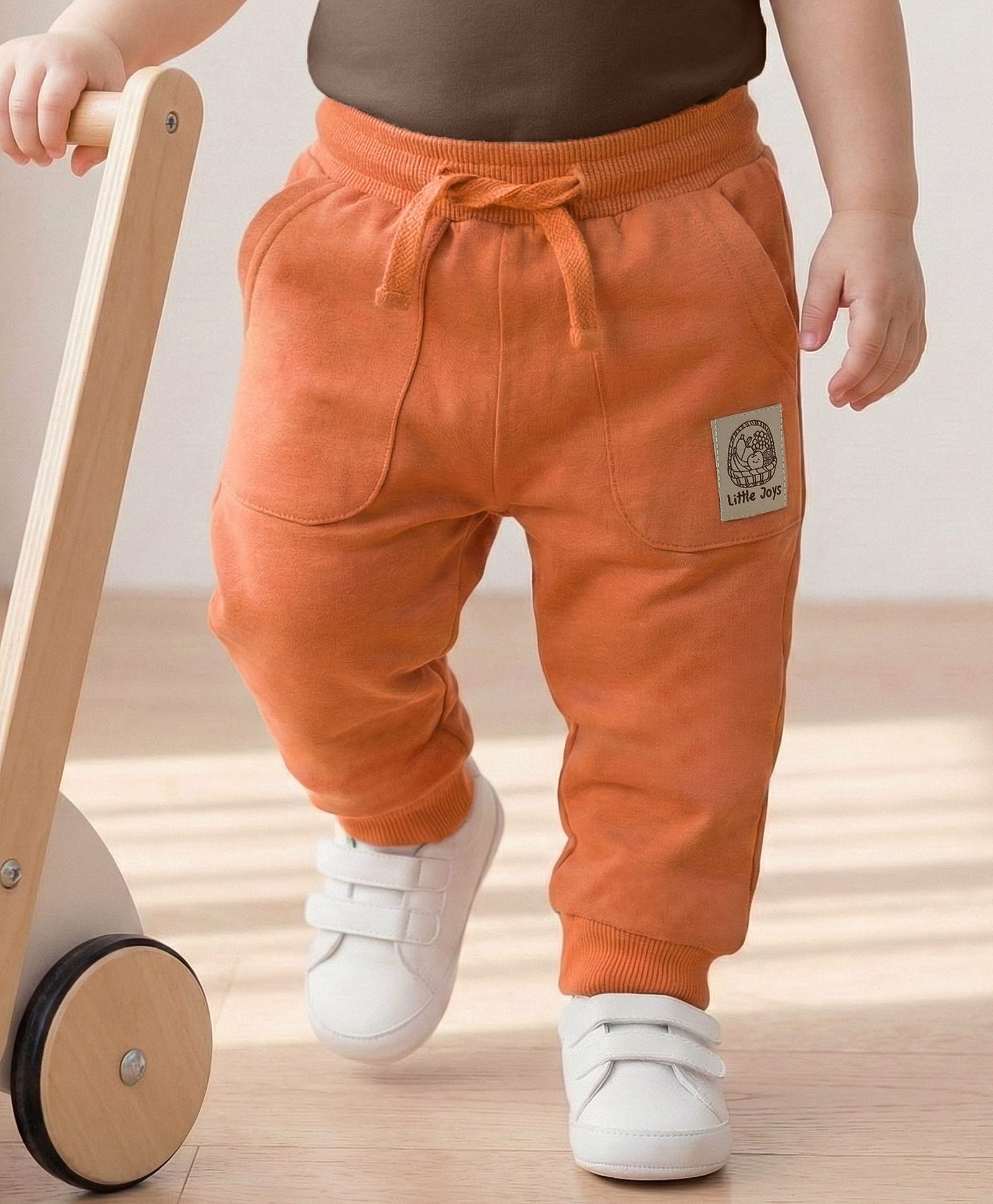 Babyoye 100% Cotton Knit Full Length Lounge Pant with Patch Detailing - Rust Orange-picture-12