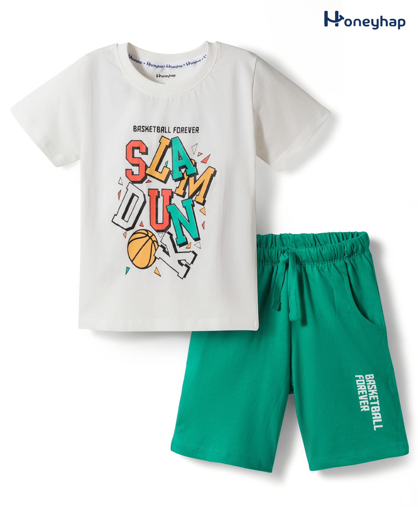 Honeyhap Premium 100% Cotton Single Knit Half Sleeves T-Shirt & Shorts Night Suit With Bio Finish & Basketball Forever Print - Bright White & Mint Leaf-image-47