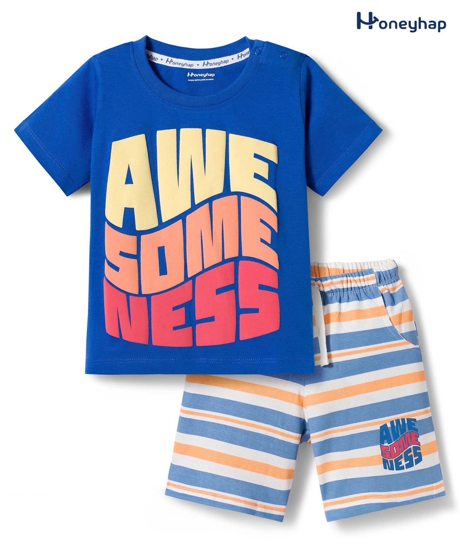 Honeyhap Premium 100% Cotton Knit Half Sleeves Awesome Printed T-Shirt & Striped Shorts Night Suit with Bio Finish - Lapis Blue & Bright White-image-49
