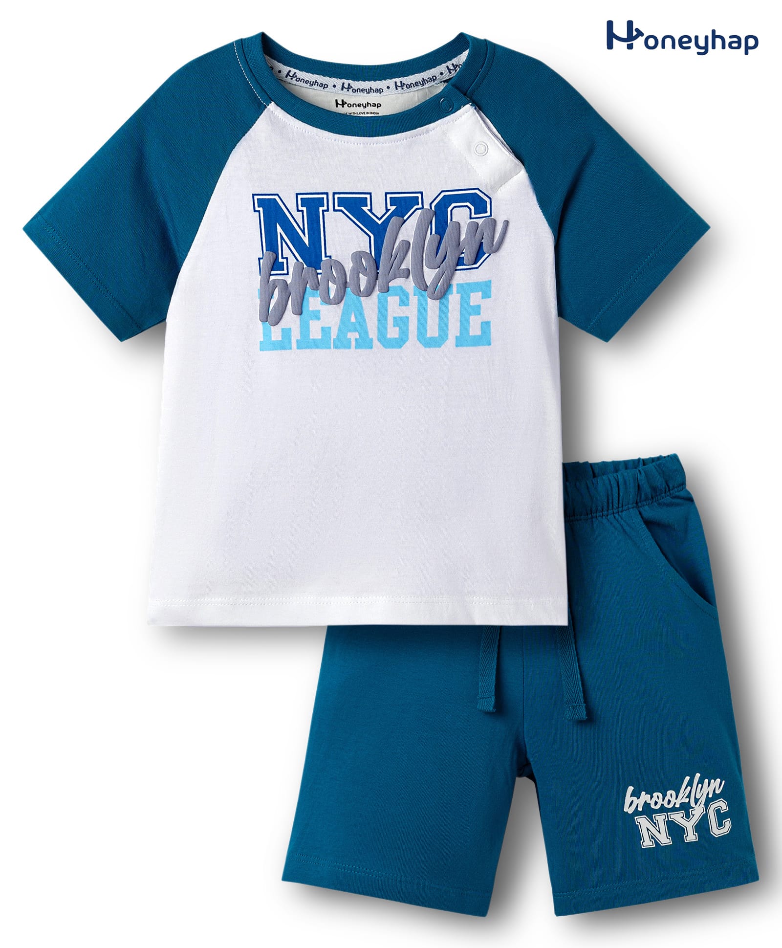 Honeyhap Premium 100% Cotton Single Jersey Knit Half Raglan Sleeves T-Shirt & Shorts Night Suit With Bio Finish & Nyc Print - Bright White & Seaport-image-15