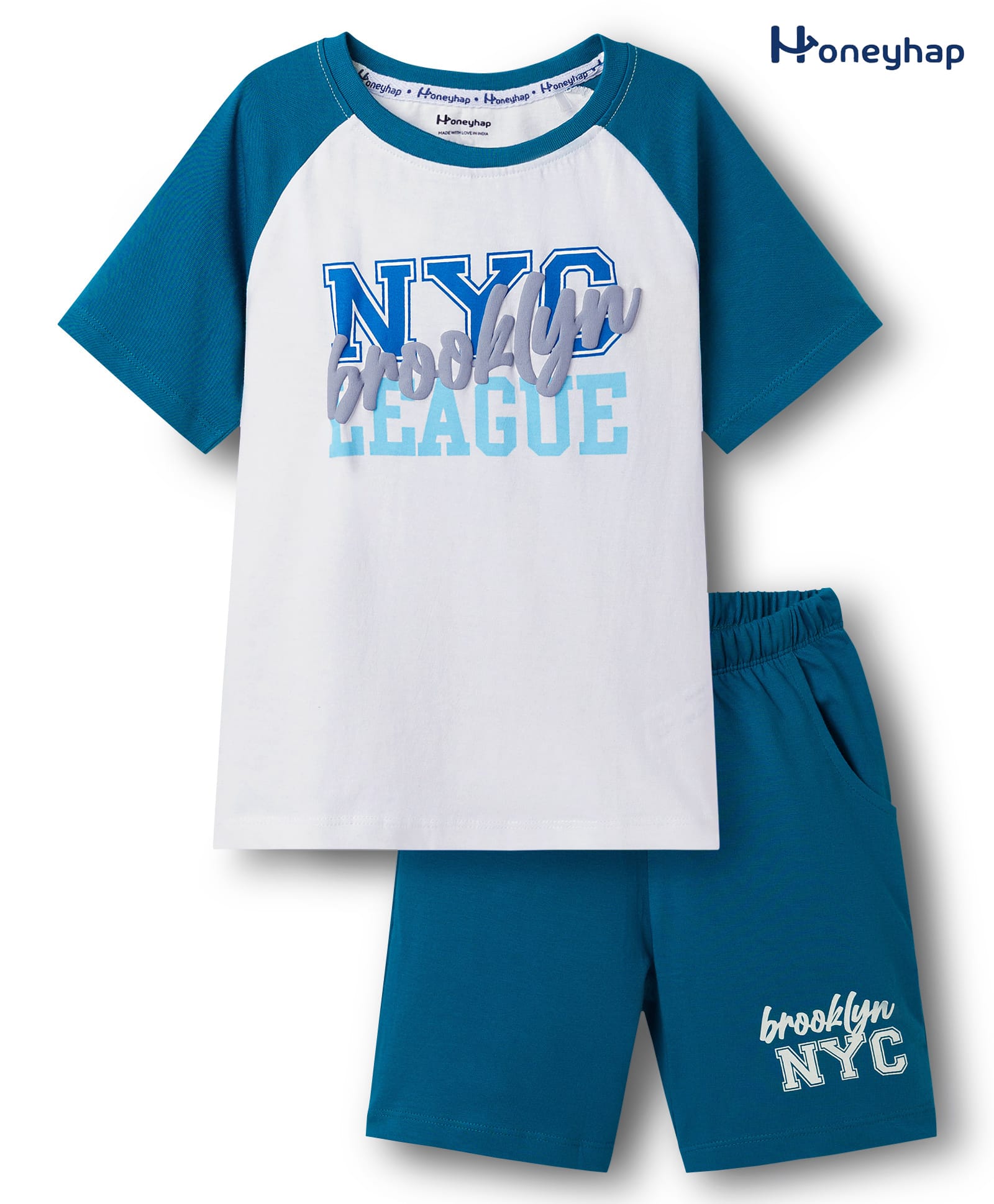 Honeyhap Premium 100% Cotton Single Jersey Knit Half Raglan Sleeves T-Shirt & Shorts Night Suit With Bio Finish & Nyc Print - Bright White & Seaport-image-14