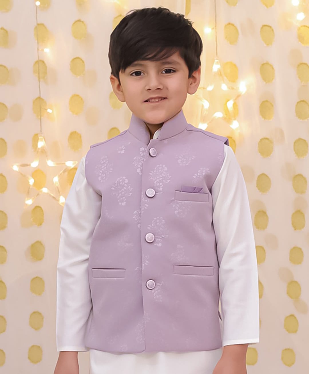 BownBee Velvet Woven Sleeveless Floral Printed Nehru Jacket - Lilac-picture-25