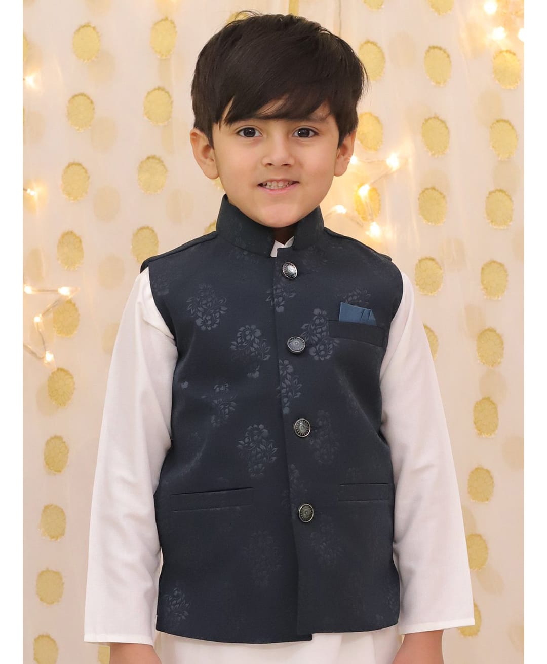 BownBee Velvet Woven Sleeveless Floral Printed Nehru Jacket - Blue-image-40