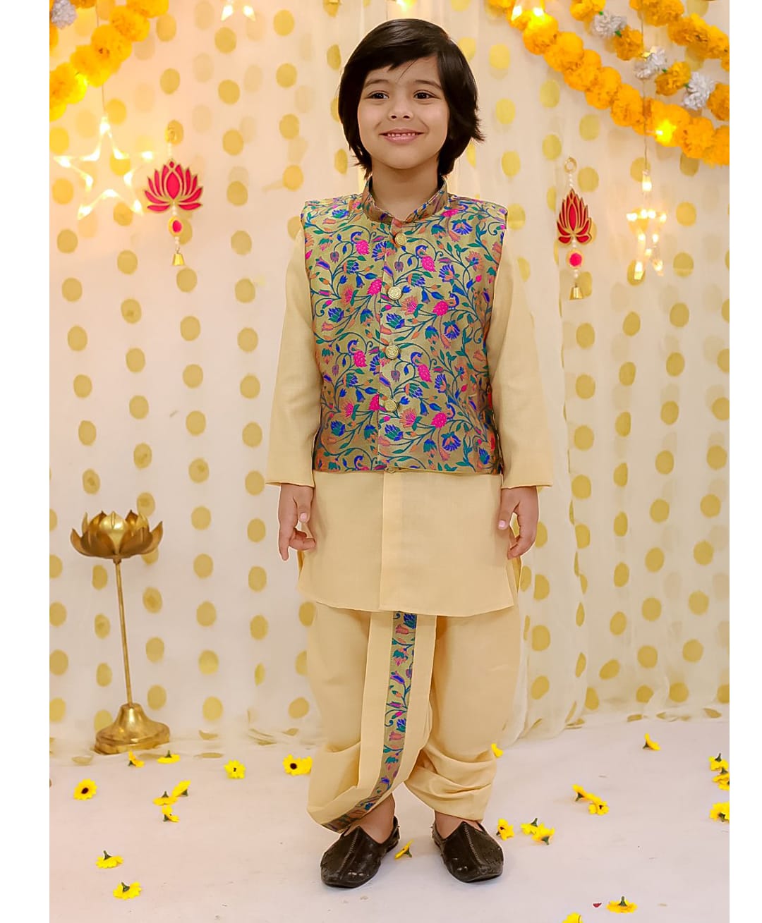 BownBee Woven Full Sleeves Solid Dhoti Kurta With Floral Printed Jacket Set - Blue & Gold-picture-19