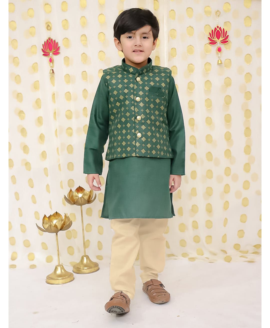 BownBee Woven Full Sleeves Solid Dhoti Kurta With Geometric Printed Jacket Set - Green-picture-21