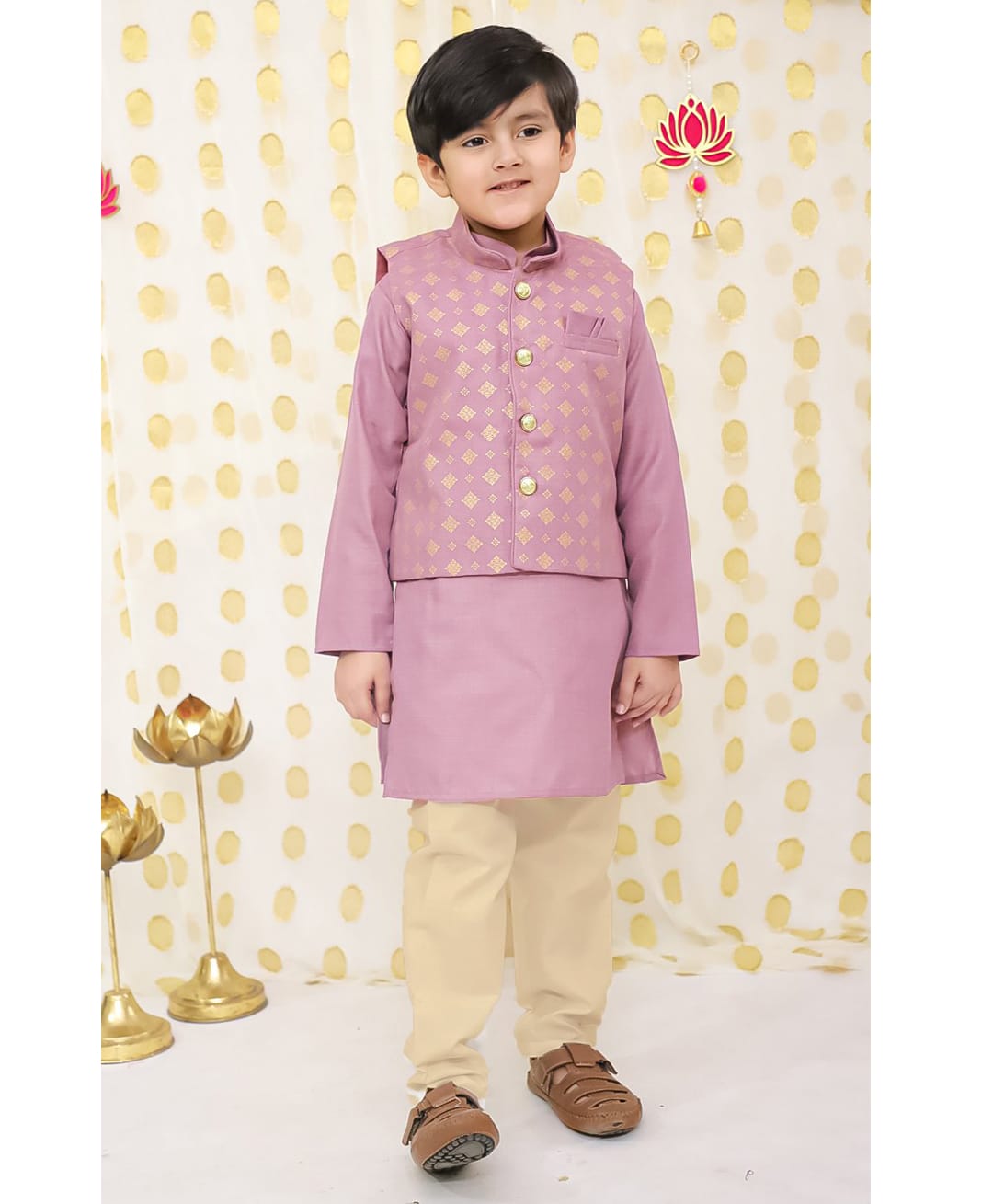 BownBee Woven Full Sleeves Solid Dhoti Kurta With Geometric Printed Jacket Set - Purple-picture-18