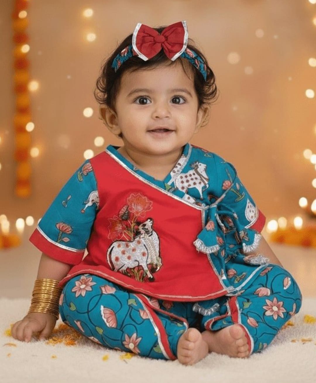 BownBee Pure Cotton Woven Half Sleeves Floral Printed Cow Embroidered Kurti Dhoti With Headband Set - Red-image-41