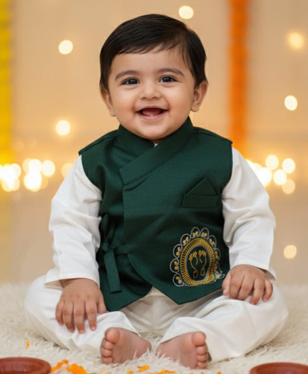BownBee Pure Cotton Woven Full Sleeves Solid Kurta Pajama With Ethnic Embroidered Jacket Set - Green-picture-38