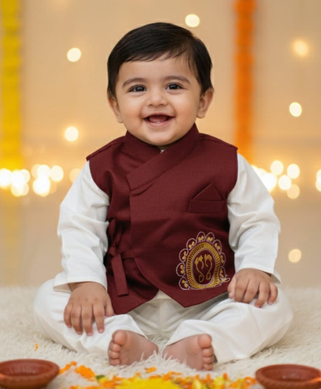 BownBee Pure Cotton Woven Full Sleeves Solid Kurta Pajama With Ethnic Embroidered Jacket Set - Maroon-picture-13