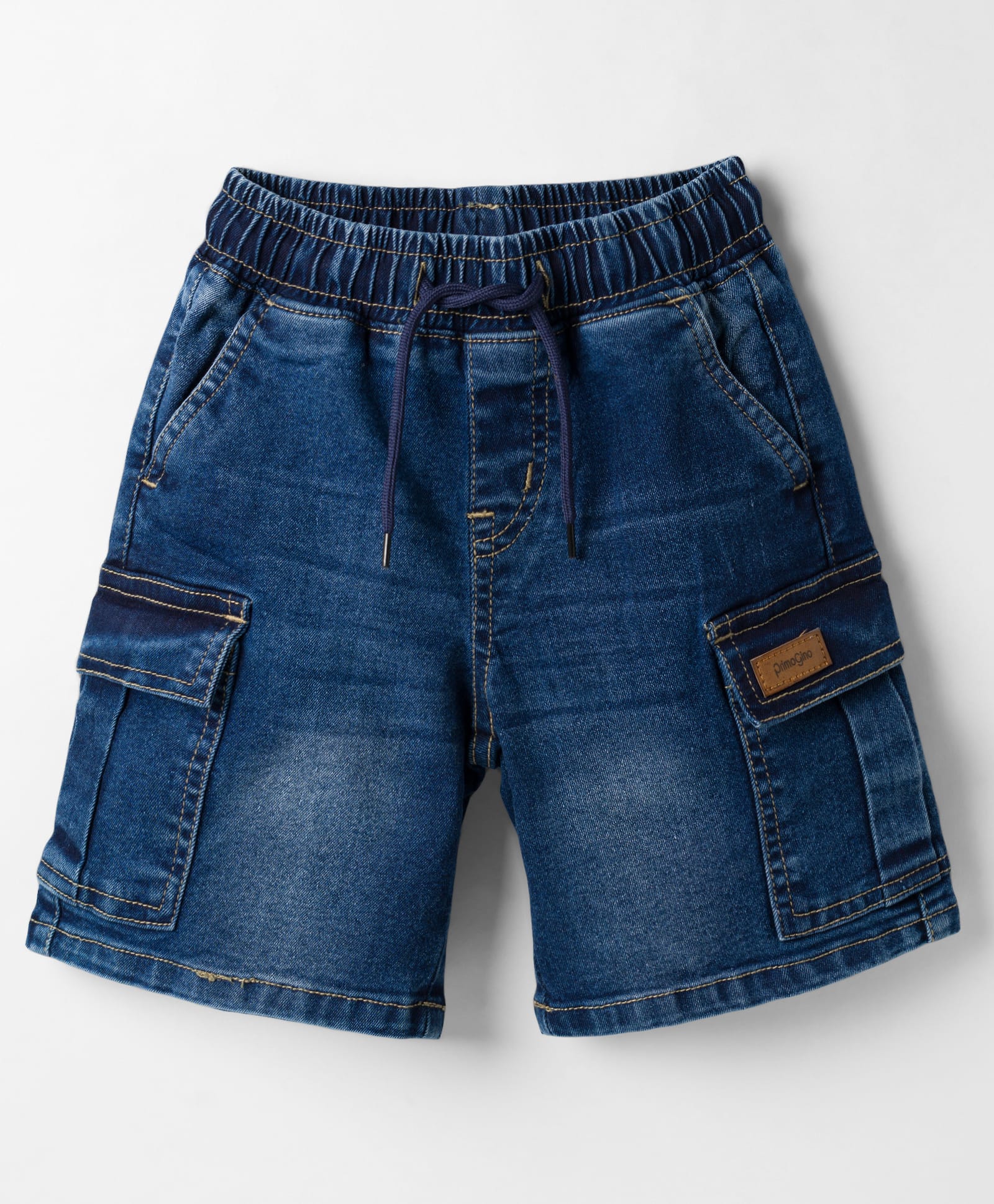 Primo Gino Woven Knee Length Denim Cargo Washed Shorts with Elasticated Waistband & Pockets- Blue-picture-10