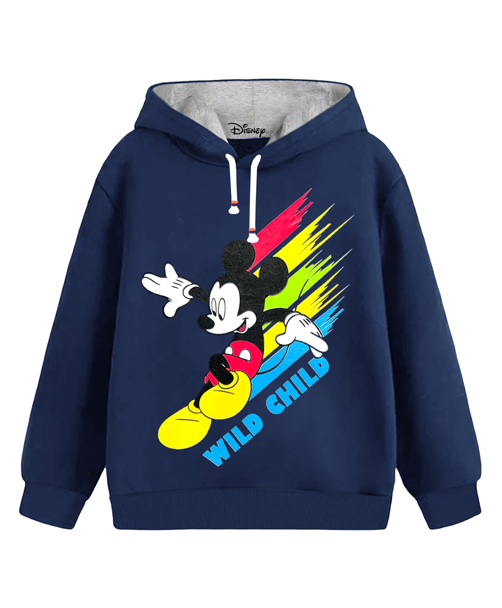 KUCHIPOO Fleece Knit Disney Mickey Mouse & Friends Featuring Full Sleeves Wild Child Text & Character Printed Winter Hoodie - Multi Colour-picture-10