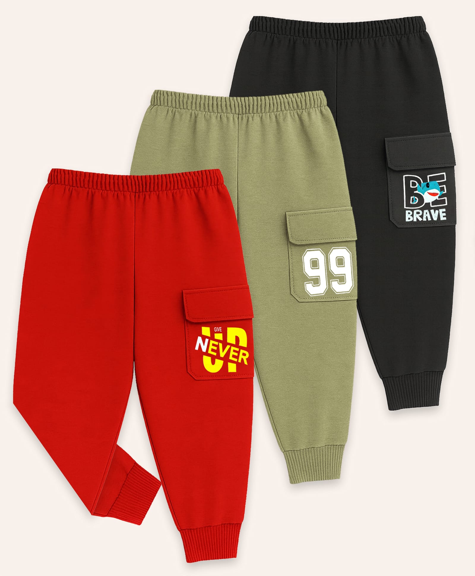 KUCHIPOO Pack Of 3 Cotton Knit Never Give Up & Be Brave Text Printed Cargo Pants - Multi Colour-picture-24