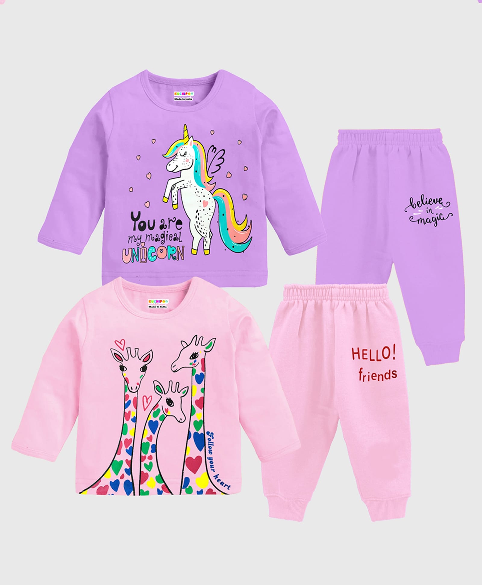 KUCHIPOO Pack Of 2 Cotton KnitFull Sleeves Unicorn Hearts Stars And Typography Printed Tees & Joggers Set - Multi Colour-image-24