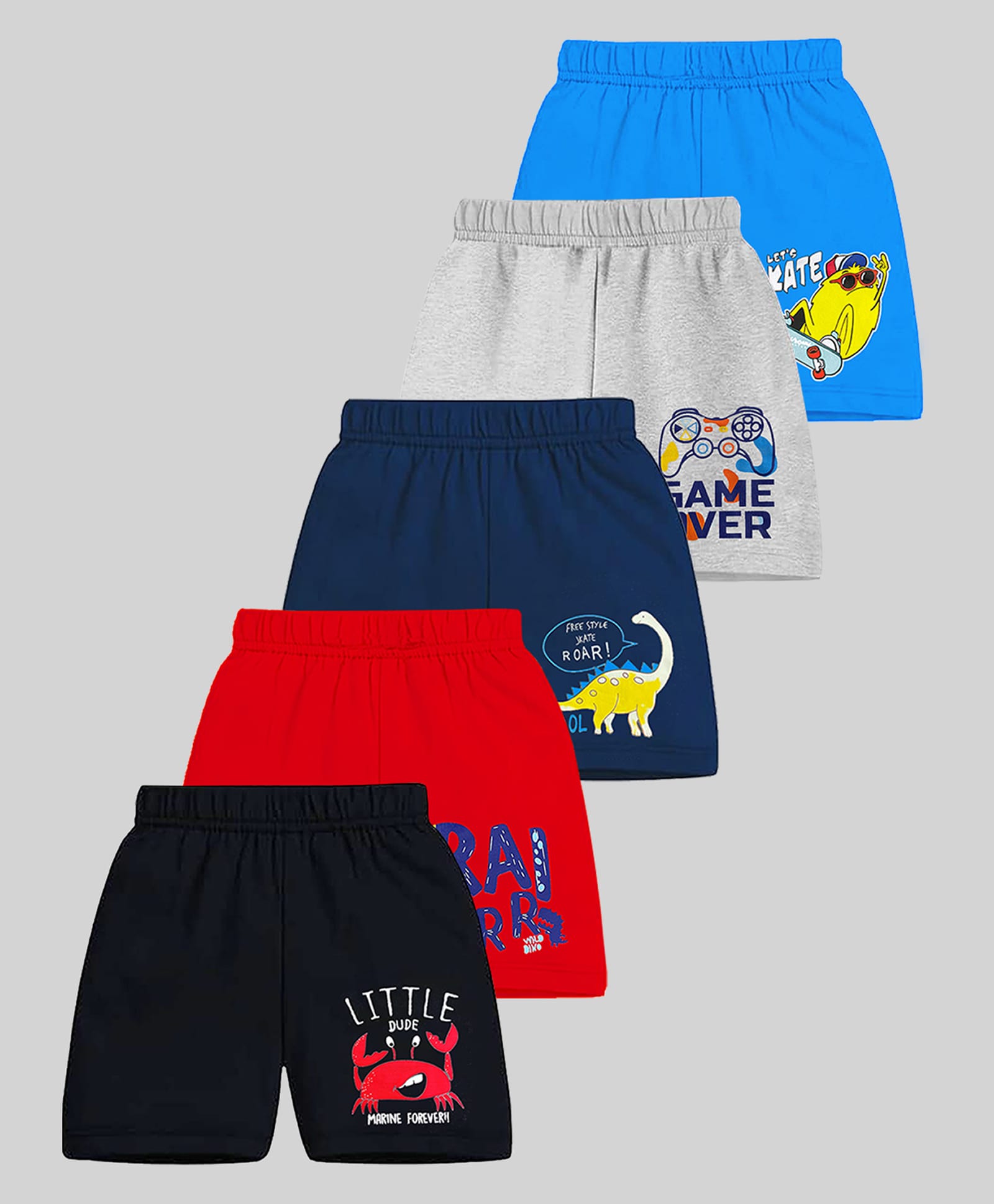 KUCHIPOO Pack Of 5 Cotton Knit Animals & Typography Printed Shorts - Multi Colour-picture-19