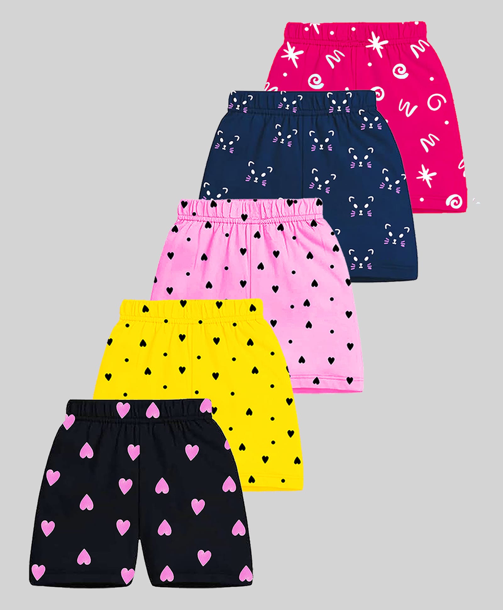 KUCHIPOO Cotton Pack Of 5 Animals Hearts Polka Dots & Typography Printed Shorts - Multi Colour-picture-20