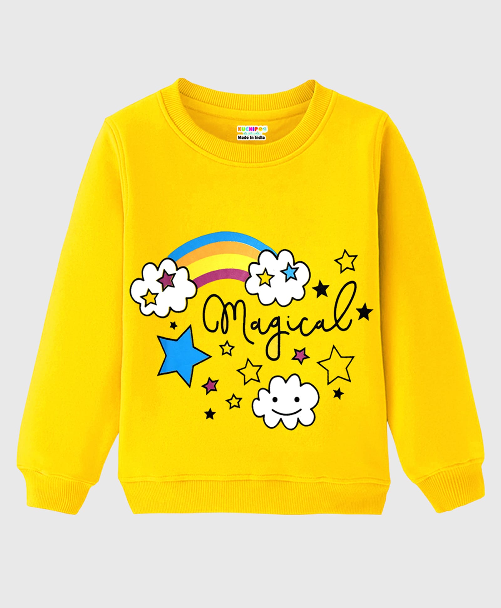 KUCHIPOO Fleece Knit Full Sleeves Magical Text & Rainbow Printed Winter Sweatshirt - Multi Colour-image-3
