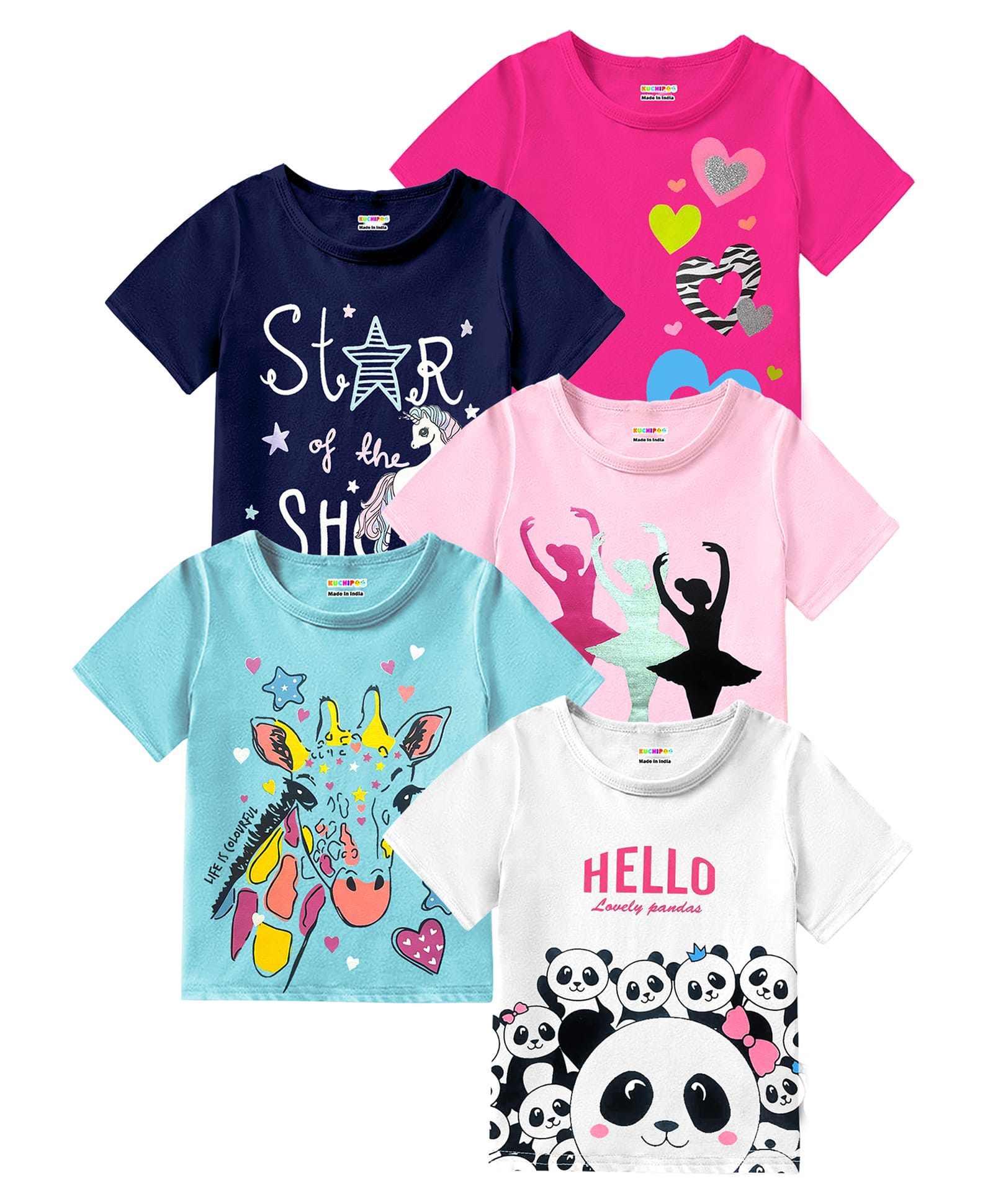 KUCHIPOO Cotton Knit Pack Of 5 Half Sleeves Animals Hearts Stars & Typography Printed Tees - Multi Colour-picture-28
