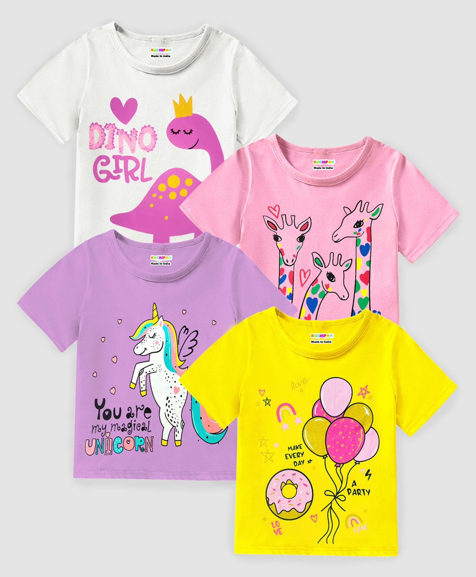 KUCHIPOO Cotton Knit Pack Of 4 Half Sleeves Unicorn Hearts & Typography Printed Tees - Multi Colour-image-15