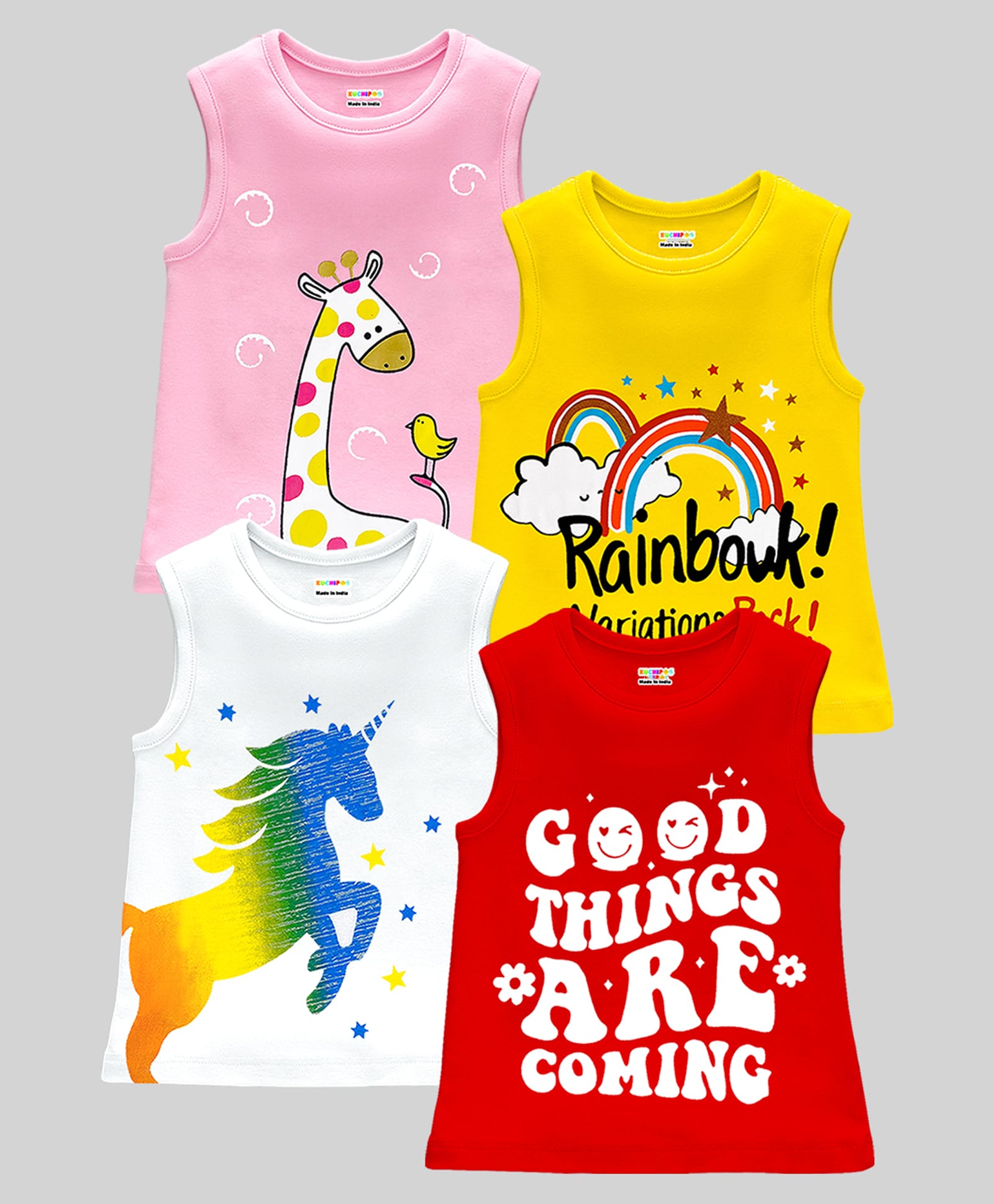 KUCHIPOO Cotton Knit Pack Of 4 Sleeveless Stars Animals Unicorn & Floral Printed Tees - Multi Colour