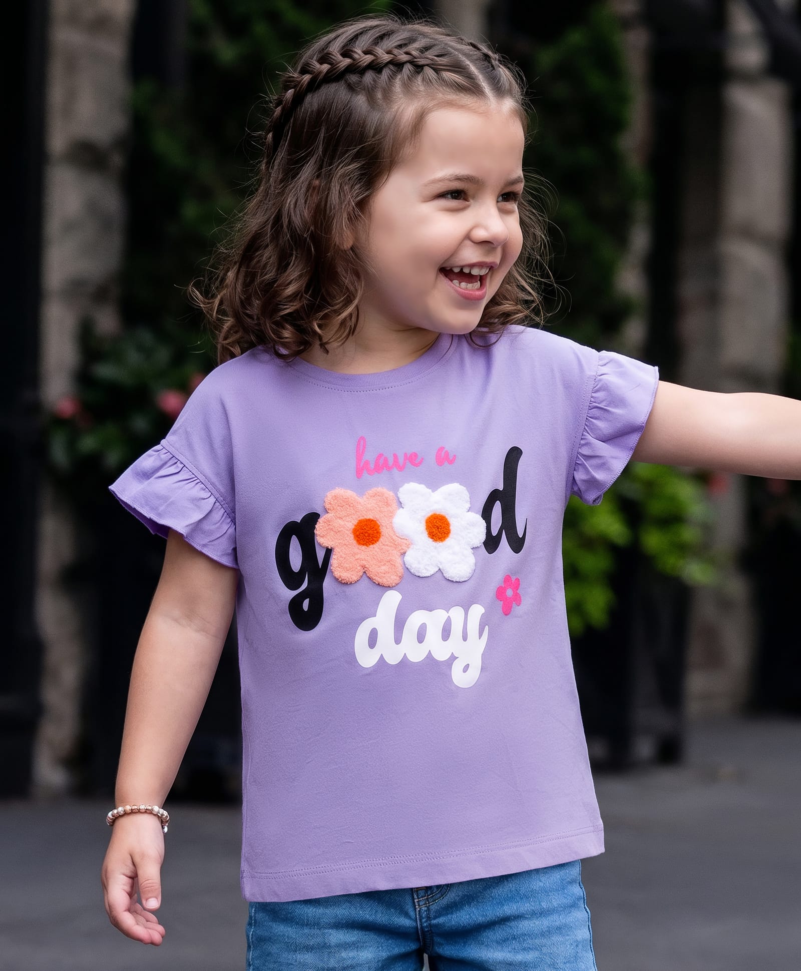 Kookie Kids Single Jersey Knit Half Sleeves T-Shirt With Good Day Print with Embroiderey - Lavender-image-41