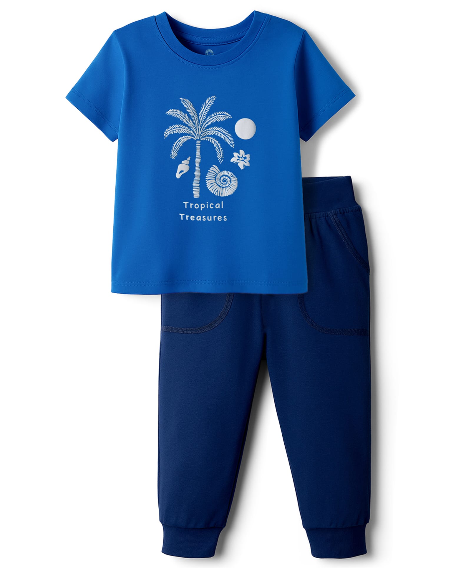 Doodle Poodle 100% Cotton Single Jersey Knit Half Sleeves T-Shirt & Lounge Pant Set with Tropical Theme Print - Blue & Navy Blue-picture-2
