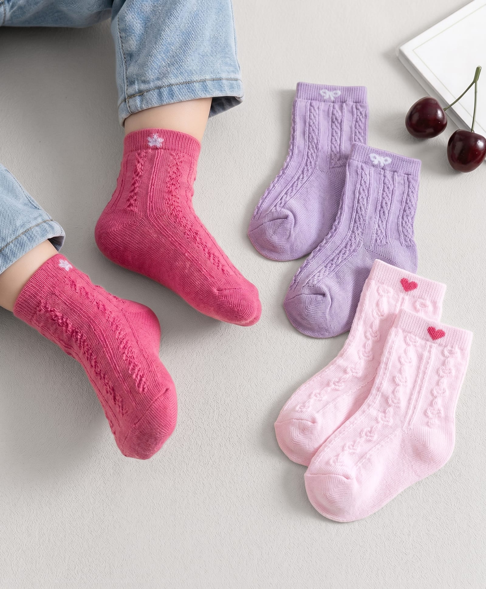 Cutewalk by Babyhug Non Terry Ankle Length Anti-Bacterial Socks with Floral, Heart & Bow Design Pack of 3 - Pink & Purple-image-40