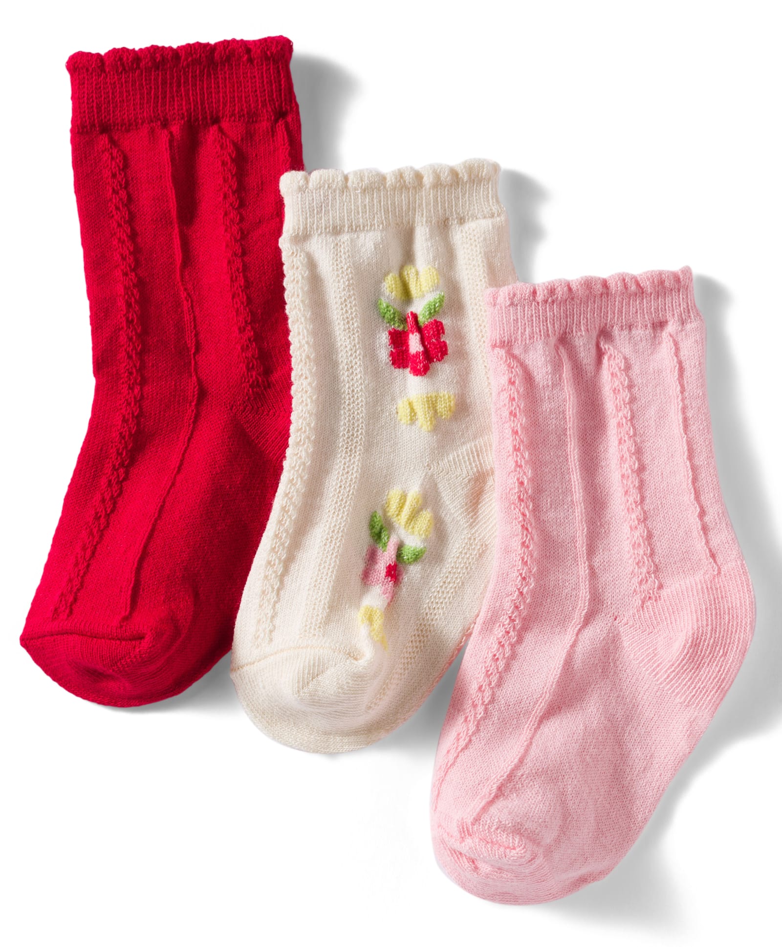 Cutewalk by Babyhug Non Terry Knit Anti-Bacterial Ankle Length Solid & Floral Designed Socks Pack of 3 - Red, Cream & Pink