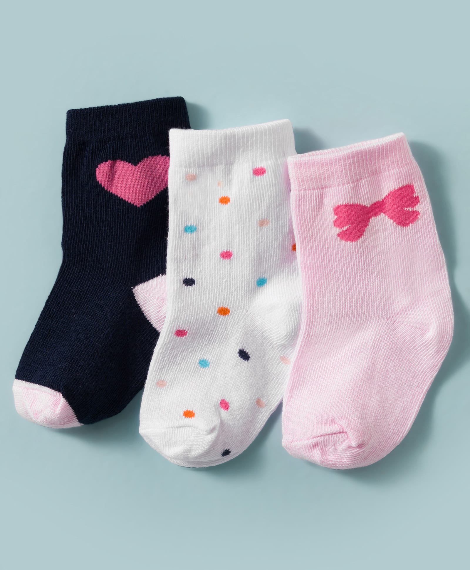 Cute Walk by Babyhug Non Terry Knit Ankle Length Anti Bacterial Socks With Polka Dots Hearts & Bow Design Pack of 3 - Multicolour