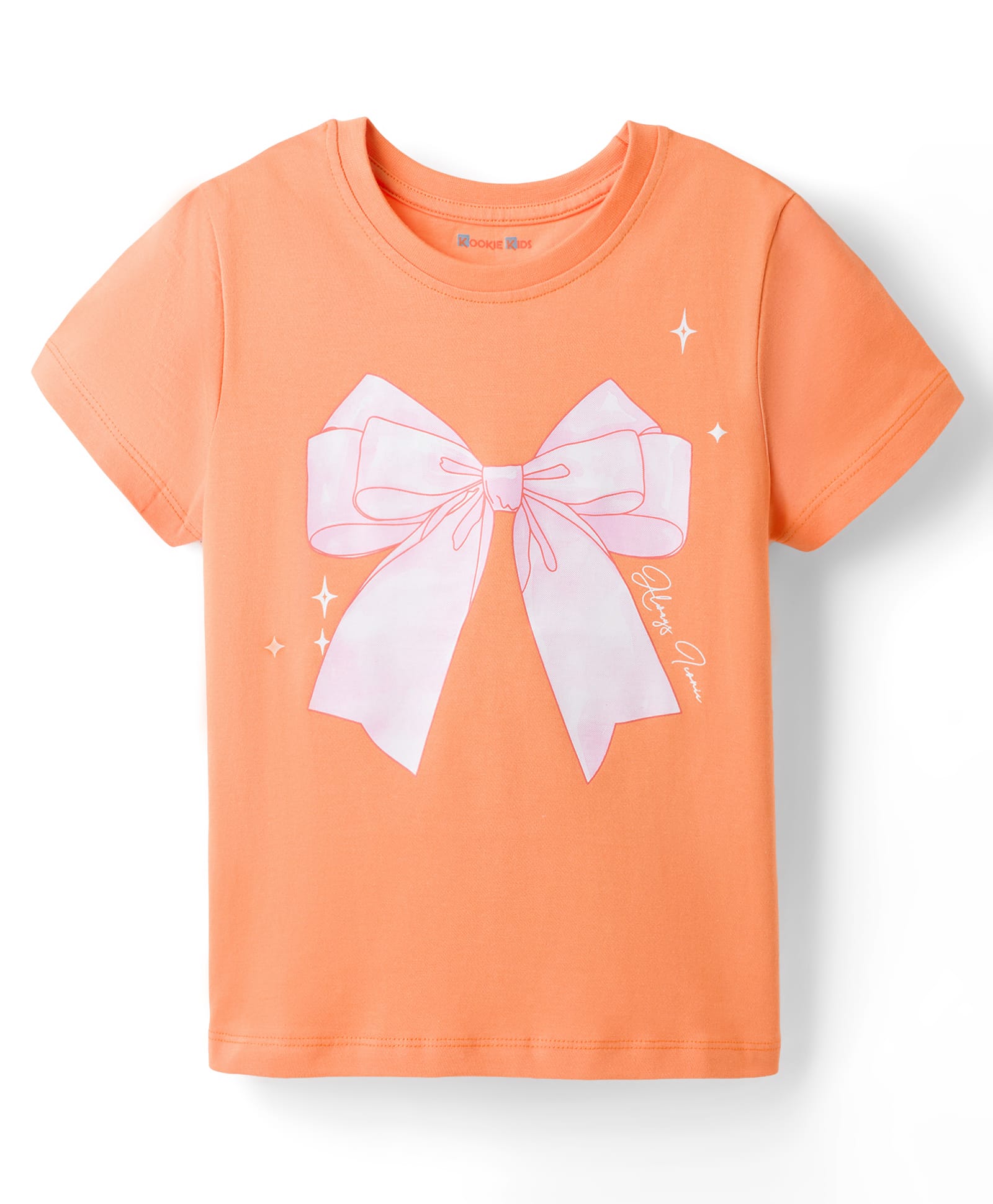Kookie Kids Single Jersey Knit Half Sleeves T-Shirt With Bow Print - Orange