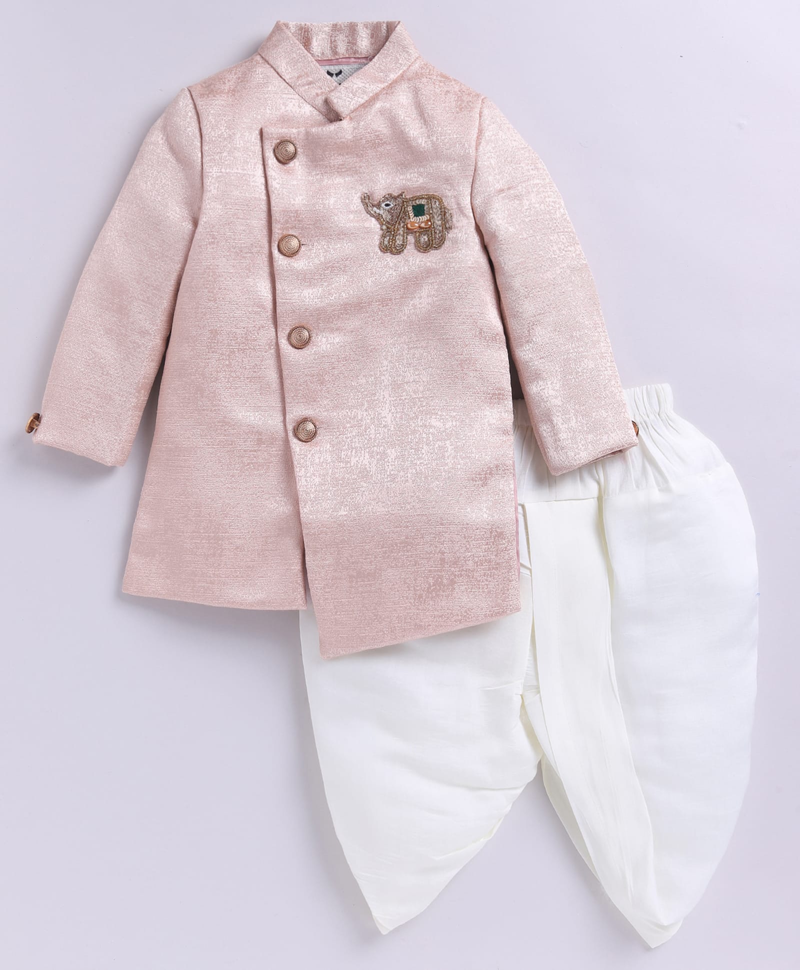 LITTLE COLLARS Blended Woven Full Sleeves Elephant Embroidered Sherwani With Dhoti Set - Peach-image-13